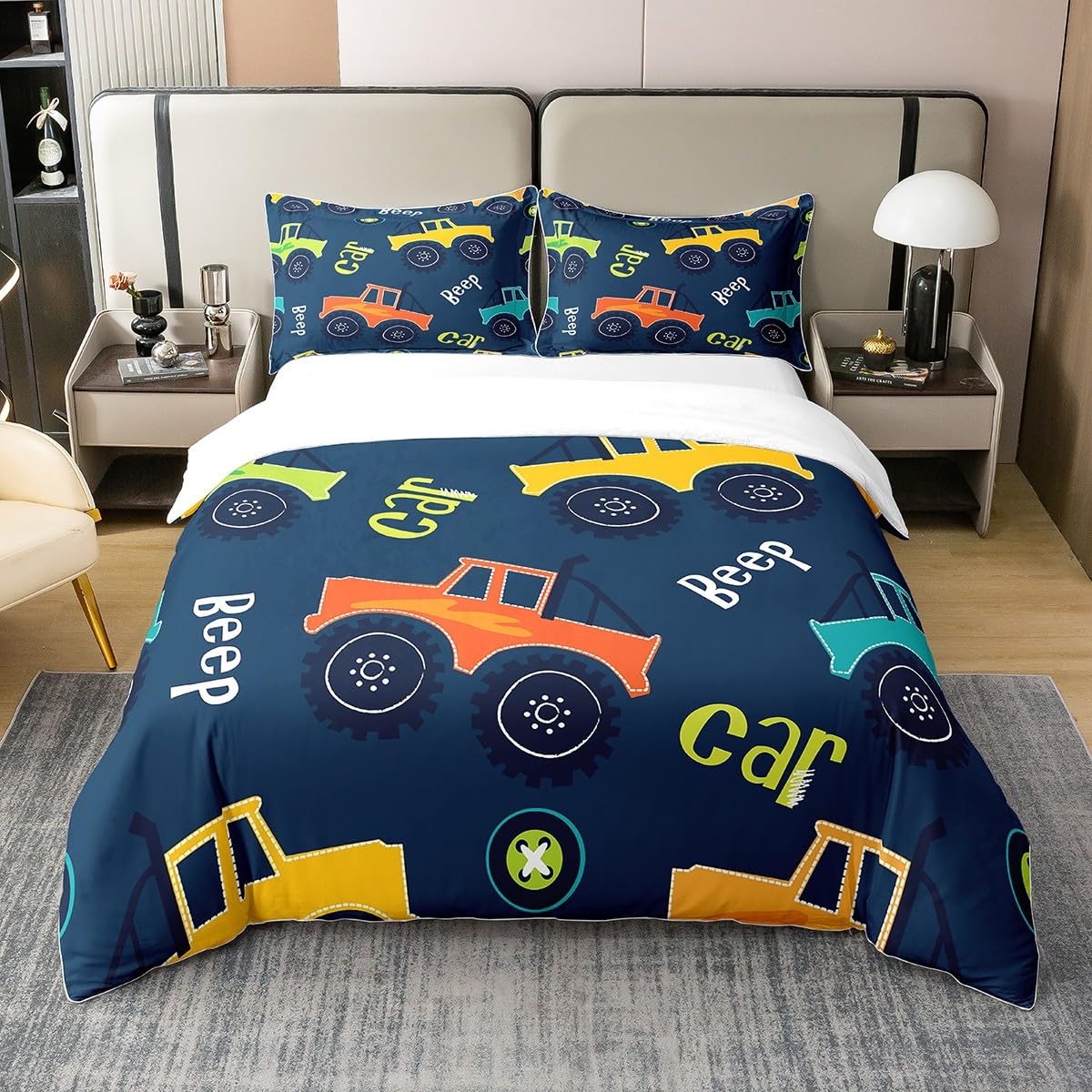 Loussiesd Cartoon Car 100% Cotton Duvet Cover Single Size Kids Cute Trucks Printed Comforter Cover Set for Teens Construction Vehicles Bedding Cotton Duvet Cover Set Car Blue Bedspread Cover — image 1