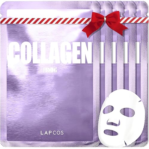 LAPCOS Collagen Sheet Mask, Firming Daily Face Mask with Collagen Peptides for Anti-Aging, Helps to Minimize Wrinkles, Restores Skin Elasticity & Firmness, Hydrating, Korean Beauty, 5-Pack