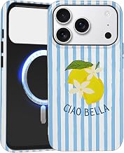 Magnetic Cover for iPhone 17 Pro, Summer Striped Striped Pattern Blue Aesthetic Girl Design Case Compatible with MagSafe, Slim Silicone TPU Shockproof Protection Cover, Lemon