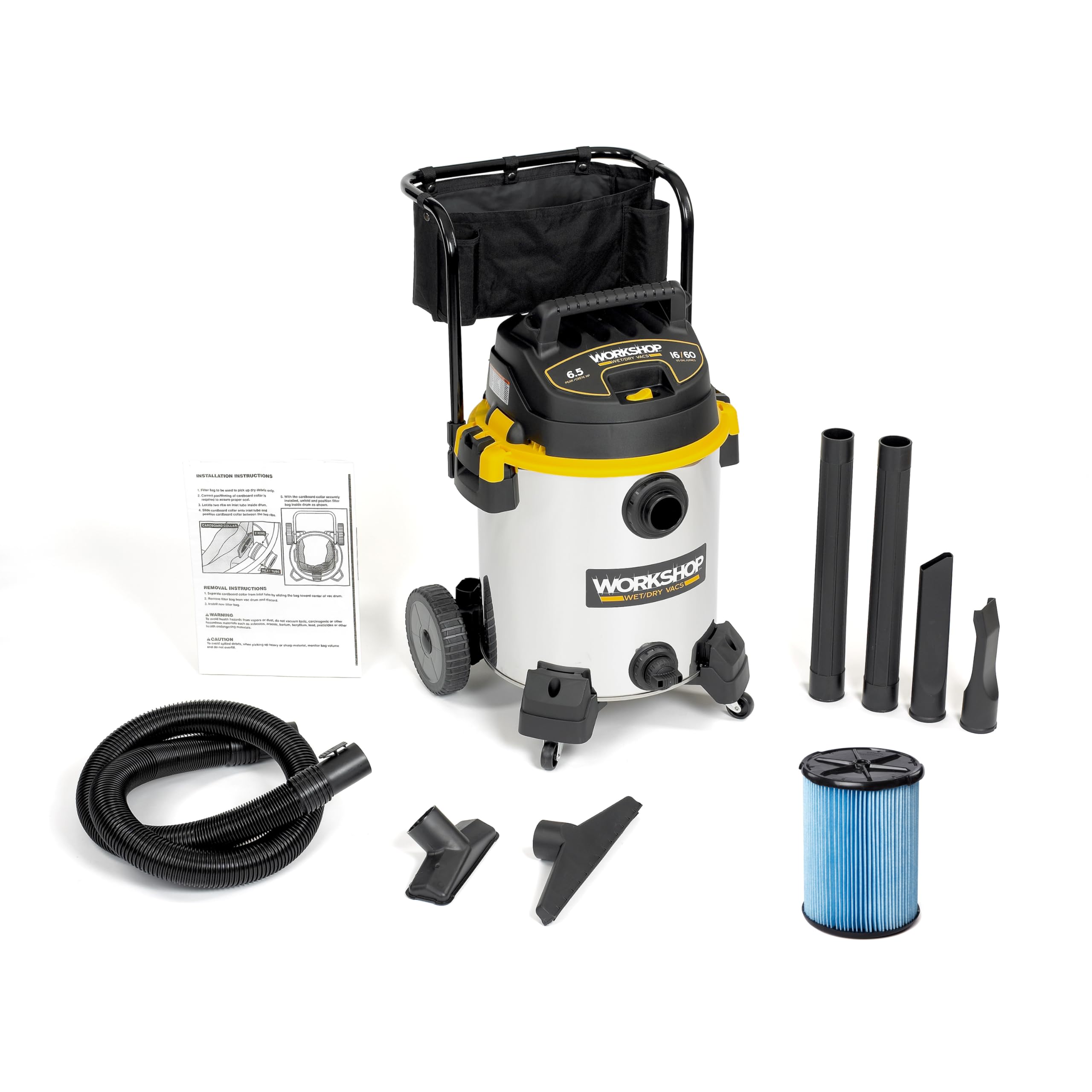 WORKSHOP Wet/Dry Vacs Shop Vacuum WS1600SS 16-Gallon 6.5 Peak HP Stainless Steel Wet Dry Vacuum Cleaner with Filter, Dust Bag, Hose, Attachments and Cart for Heavy Duty Professional Cleaning