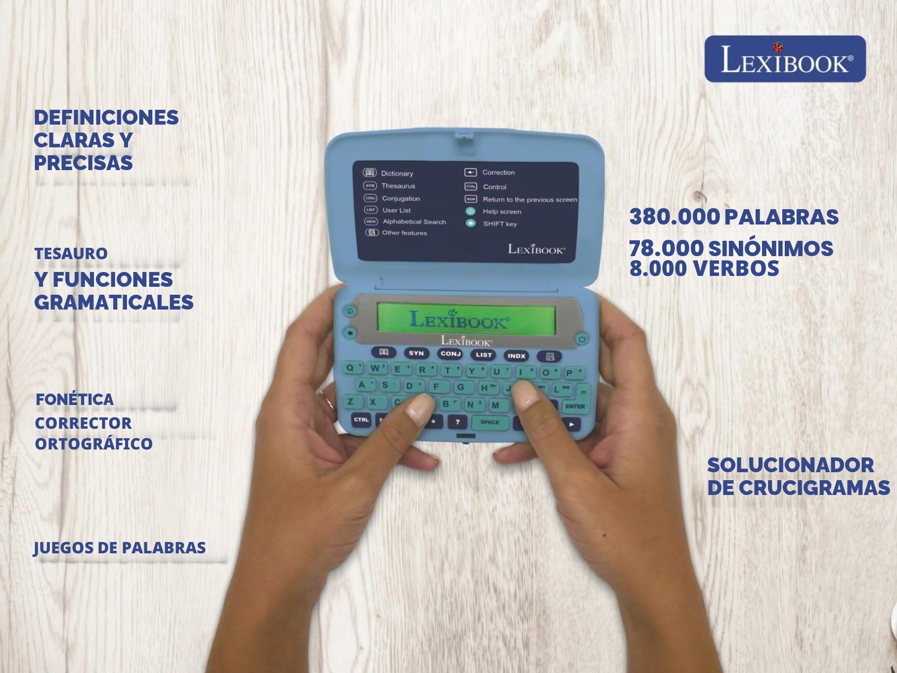 LEXiBOOK D650EN El Diccionario inglés, definiciones, tesauro, gramática, Corrector ortográfico fonético, con batería, Azul/Gris