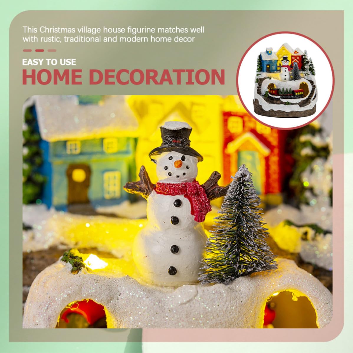 Casa de Navidad con Luz y Música en Resina, Decoración Navideña Tradicional con Tren para Mantel o Cocina, Adorno Iluminado Festivo