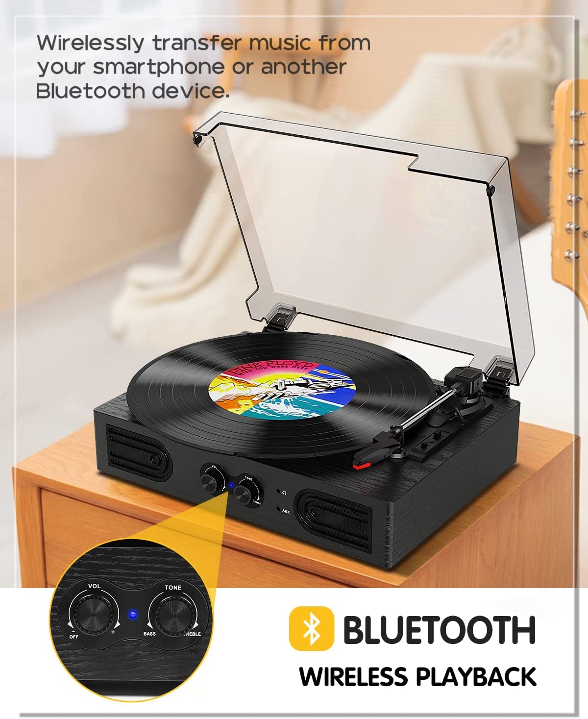 Bluetooth Record Player with Built-in Speakers, 3-Speed Belt-Drive Turntable, Bass & Treble Control, Compact Vinyl Player with RCA Output, AUX-in, Headphone Jack, Black Wooden