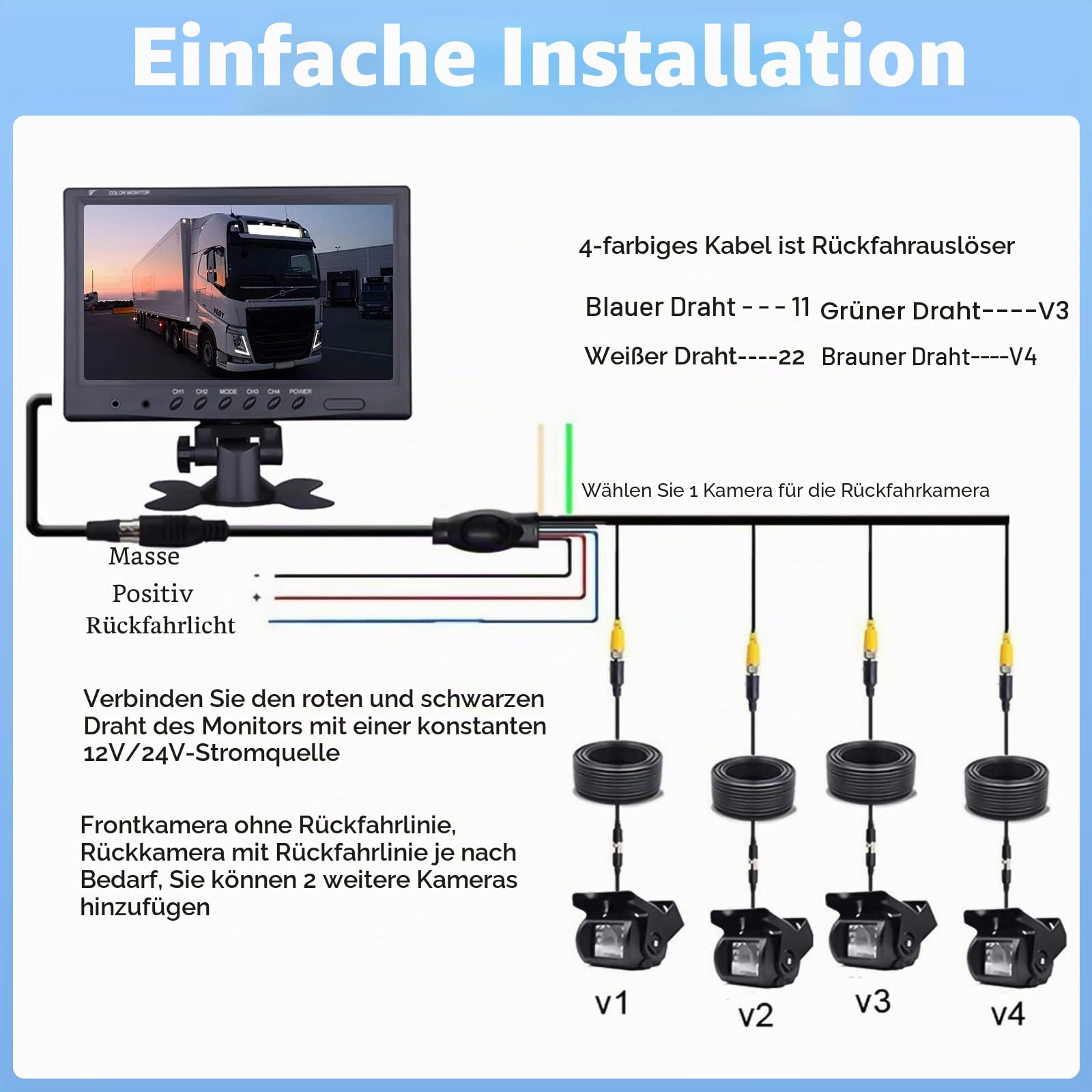 CAMECHO Rückfahrkamera 4 Kameras Set 9" Monitor IP68 wasserdicht 18IR Nachtsicht Weitwinkel 12V-35V für LKW Anhänger Bus Van
