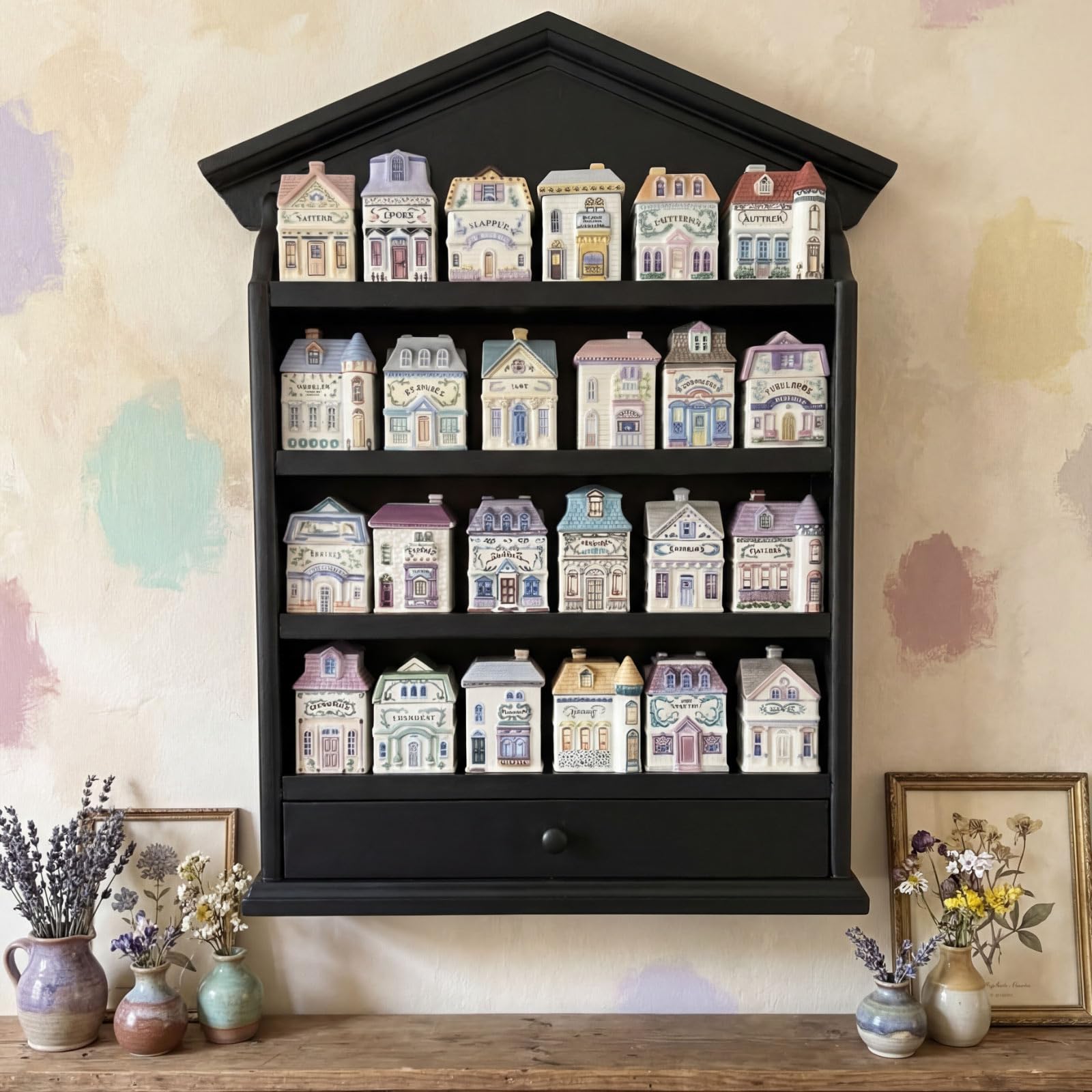 Chunful Vintage Spice Village Wooden Shelf 52 x 47 x 10 cm Spice Village Display Rack with 4 Shelves and Drawer for Wall Mount Kitchen Storage, for 24 Jars, Shelf Only (Black, Classic)