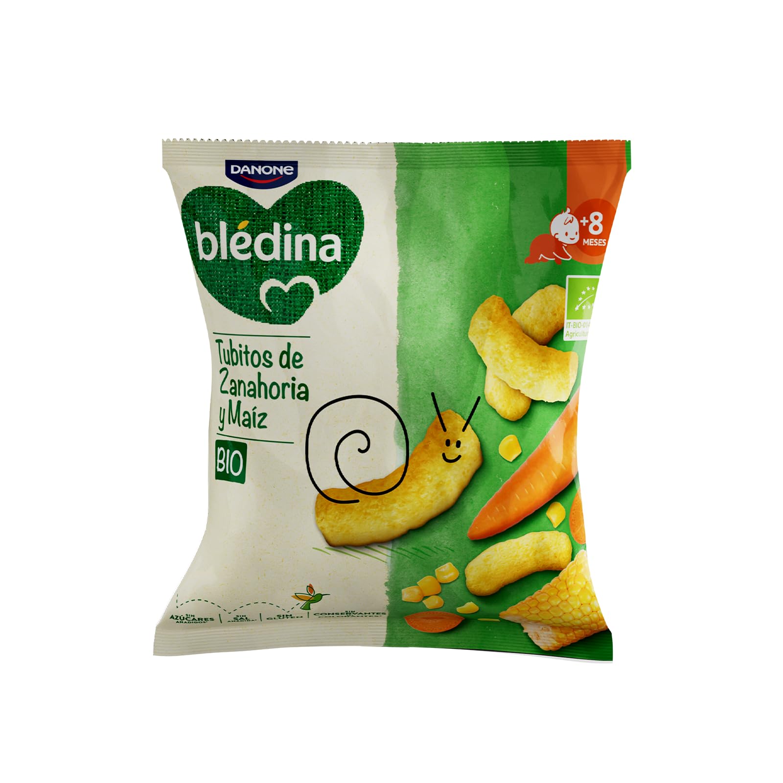 Blédina Snack BIO, Bolsa de Snack Saludable para niños sabor Zanahoria y Maíz. Tubitos Sin Gluten, Sin Conservantes Ni Colorantes y Sin Sal Ni Azúcares Añadidos. Desde los 8 Meses, 20g