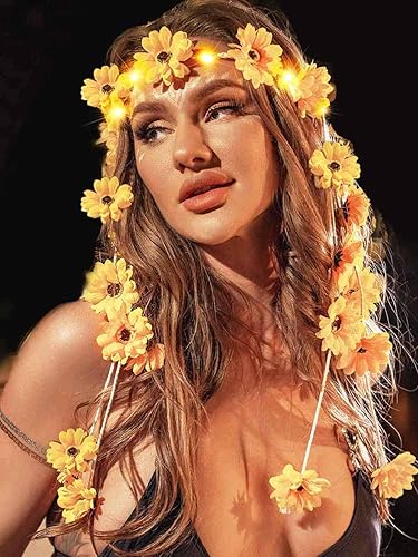 GORTIN Diadema de girasol iluminada, corona de flores de margarita, accesorios para el cabello hippie bohemio para mujer