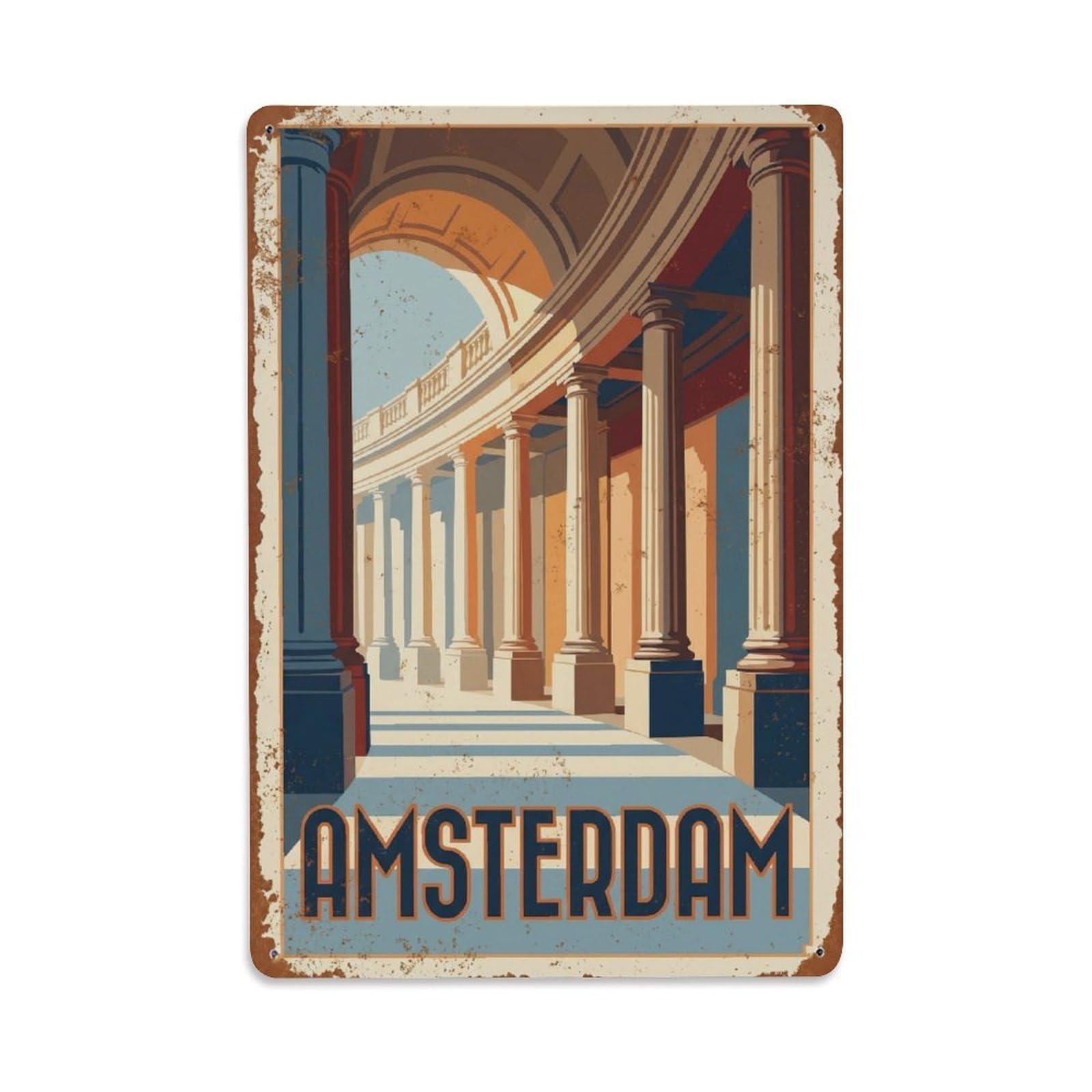 Okngb Style Amsterdam Colonnade Landmark Classic Travel Historic Metal Tin Sign Plaque Wall Decor For Cafe, Man Cave, Club Bar, Office, Home Garden Round Metal Poster 8X12inch