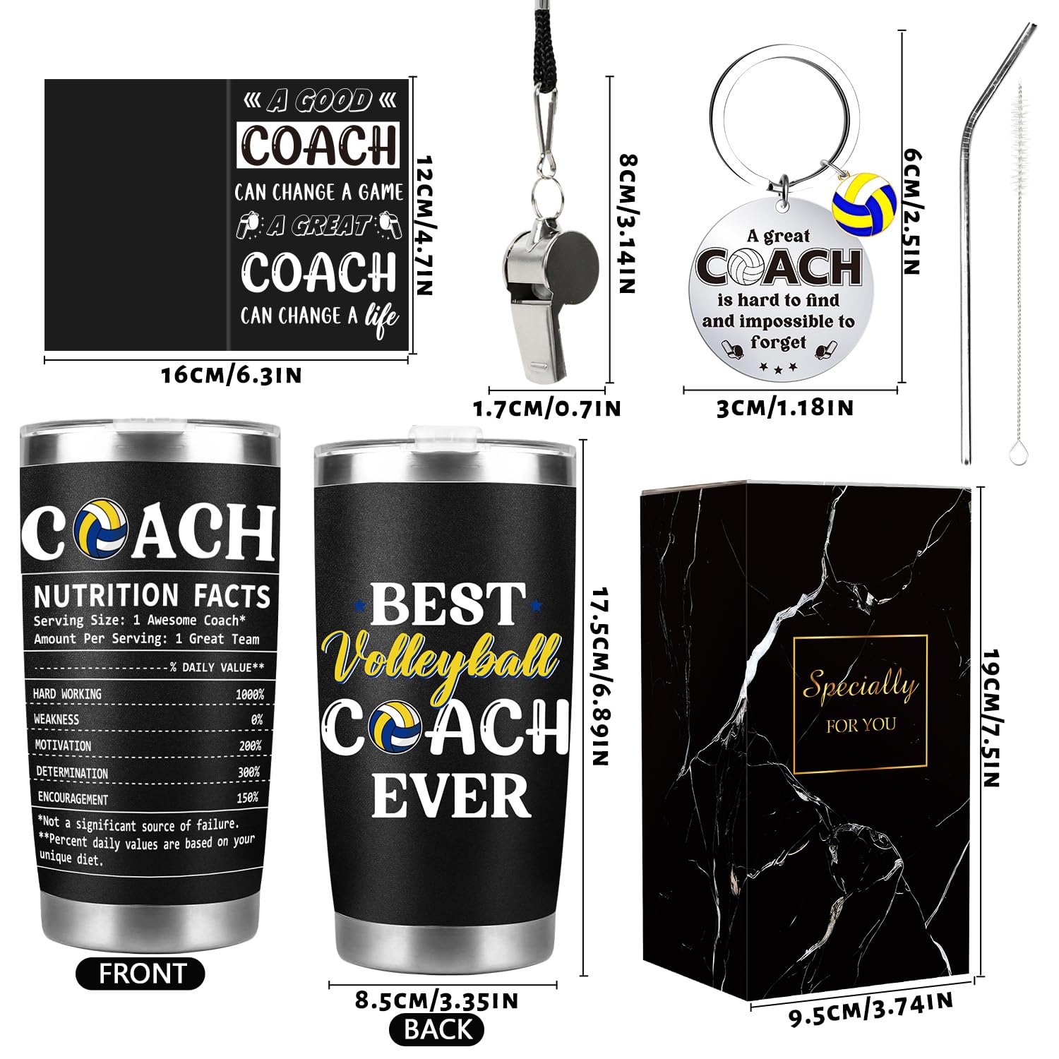 Keluna Volleyball Coach Gifts for Men - Volleyball Coach Appreciation Thank You Team Player Sports Lover Gift for Men Brother Husband Teacher Colleague Tumbler Cup Keychain Whistle Greeting Cards