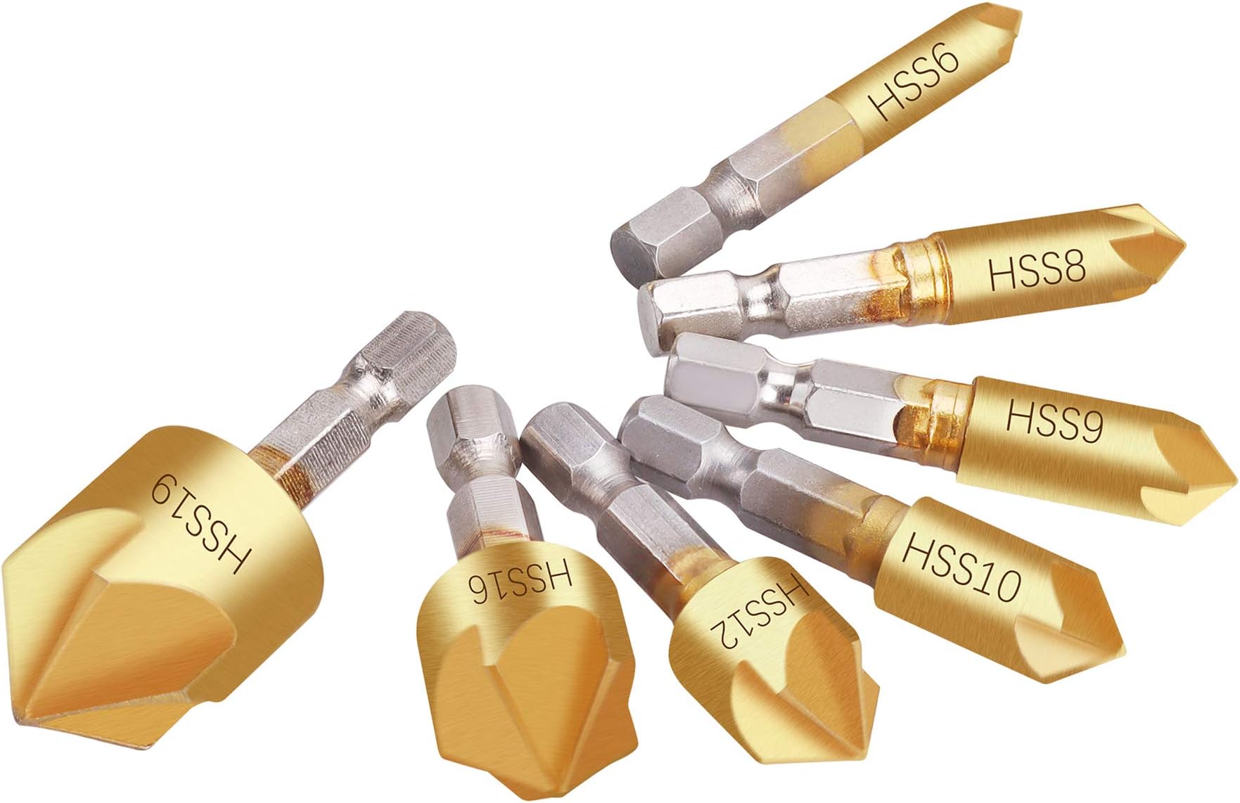 Countersink Drill Bit Set 7 Pack 1/4'' Hex Shank and 90 Degree HSS 5 Flute Drill for Woodworking Drilling