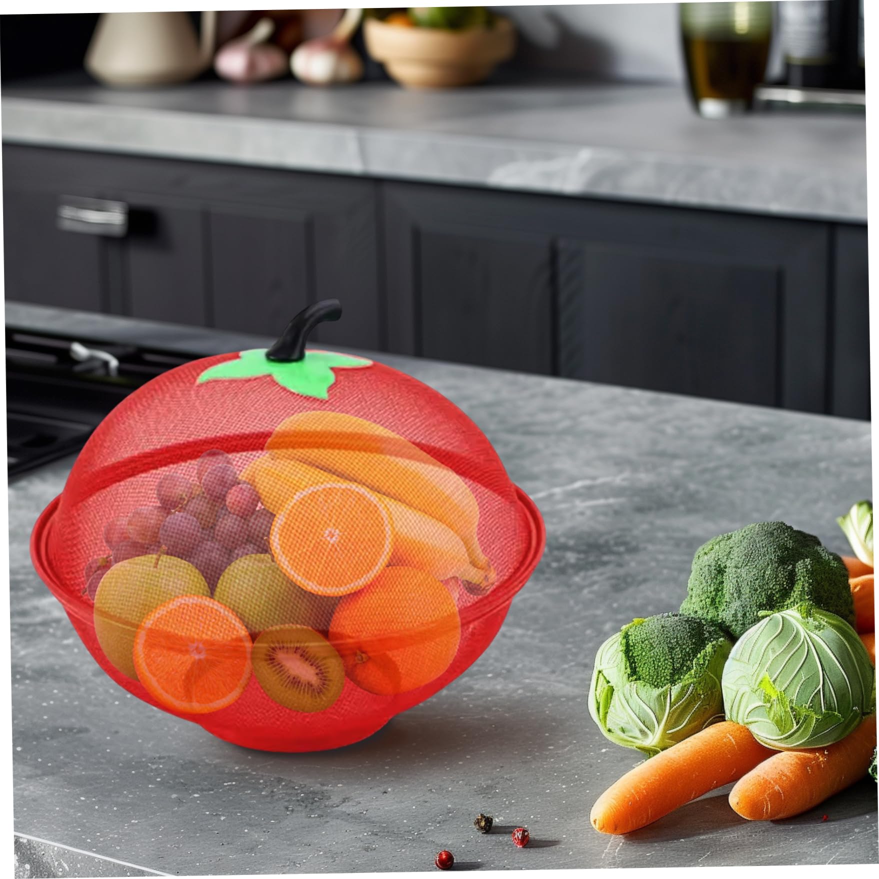 Bol à fruits avec couvercle, panier à fruits en treillis métallique de 11 pouces avec fond surélevé, panier alimentaire élégant et fonctionnel pour la cuisine, rouge