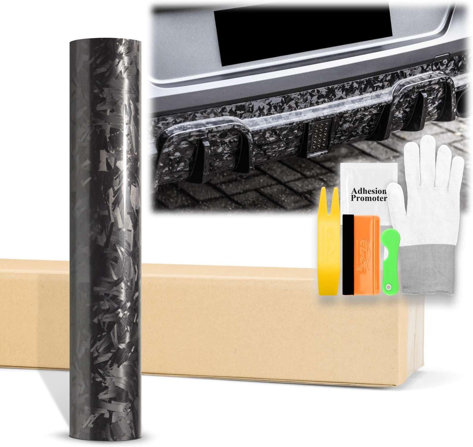 60"x300" (5FTx25FT) Gloss Black 24K Chopped Forged Carbon Fiber Textured Vinyl Wrap Auto Car Sticker Decal Sticker Film Sheet Bubble Free Air Release Technology with Tool Kit