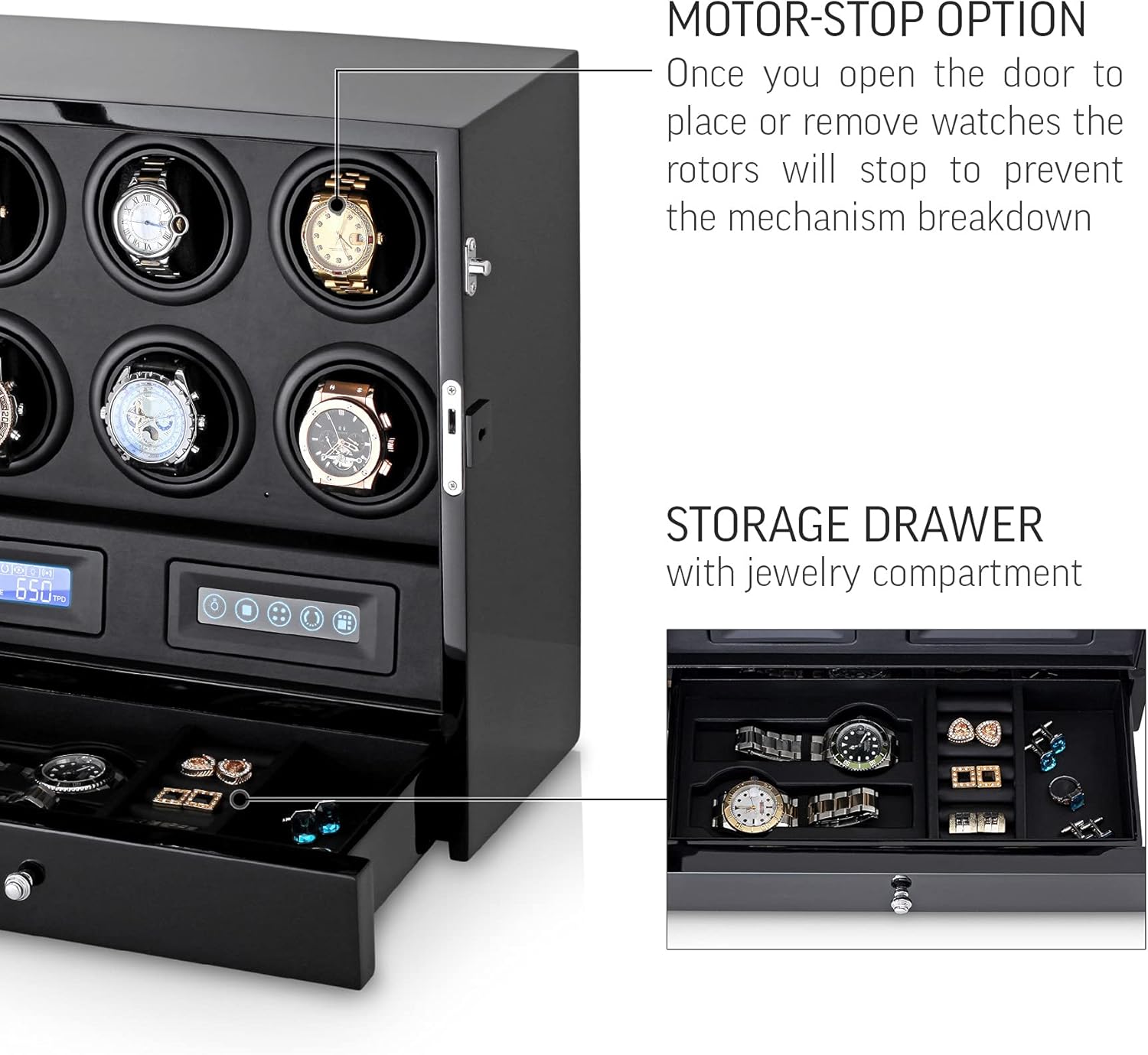 Watch winder with door open, showing motor-stop feature and storage drawer
