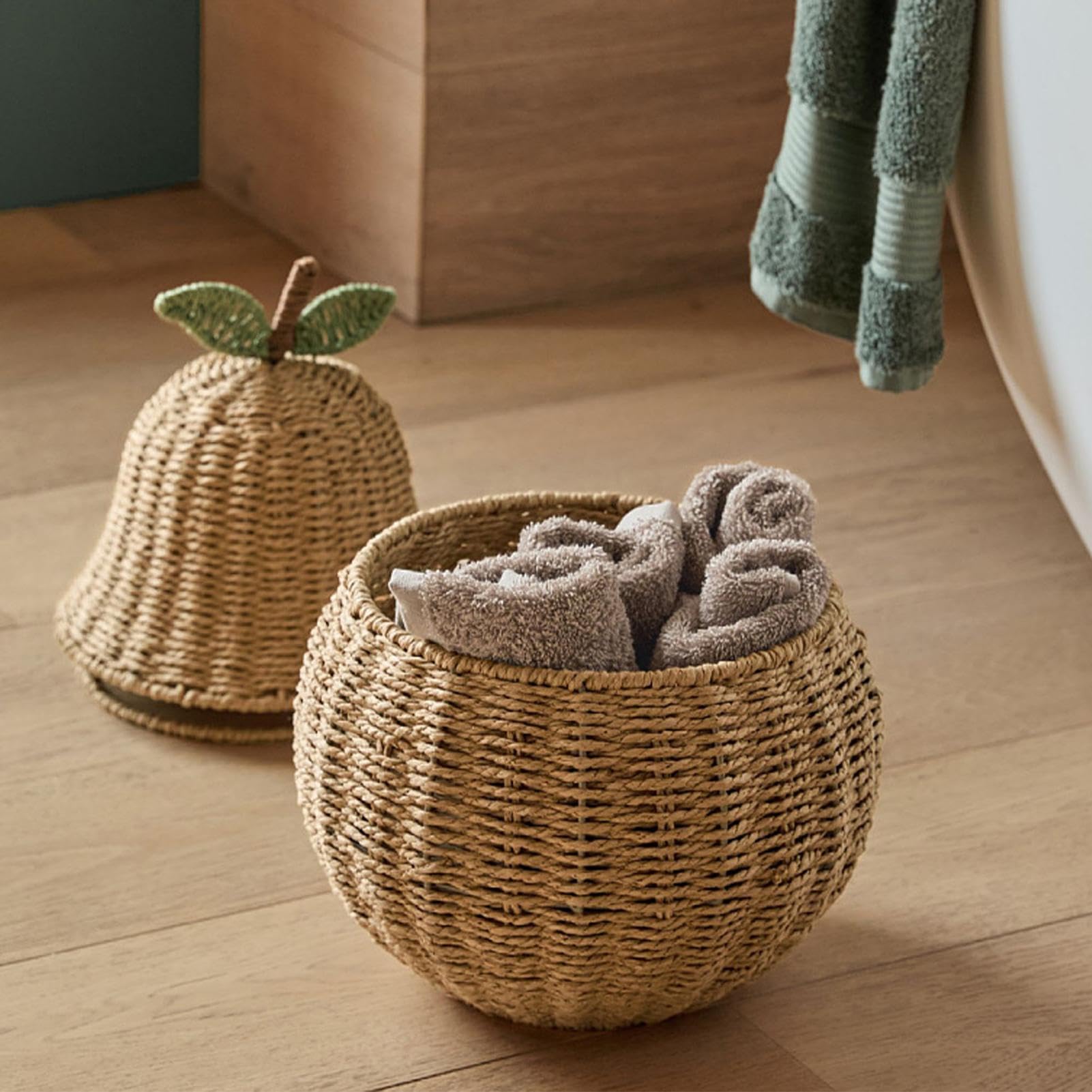 Cestas Tejidas Para Almacenamiento Diseño Periforme con Tapa y Cuerda de | Cesta Tejida A Mano Artesanal Con Tapa Para Encimeras Cocina, Mesas Comedor, Mesas Centro, Alféizares y Sa
