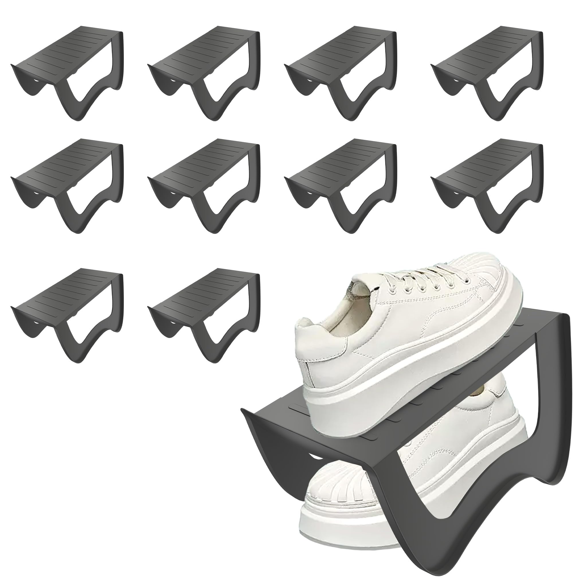 UISEBRT Doppelschicht Schuhstapler,PP Anti-rutsch Schuh Organizer Stapelbar,Schuhhalter platzsparend für Eingangsbereich, Flur, SchlafzimmerStück,10 Stück Grau