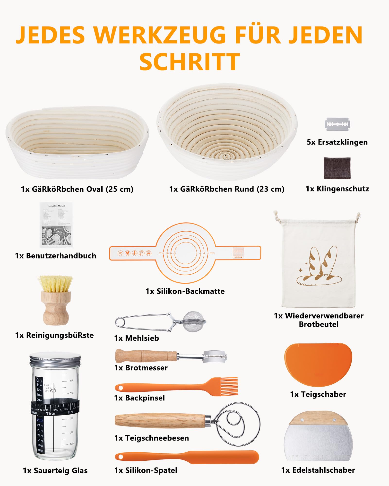 JOJOSEE Gärkörbchen, Brotgärkorb-Set Für Sauerteig Starter Set, Gärkorb natürlichem Rattan, Sauerteig-Gärkorb (inkl. Teigschaber, Rostmesser, Gärtuch & mehr) - Komplett Ausrüstung für Anfänger Profis