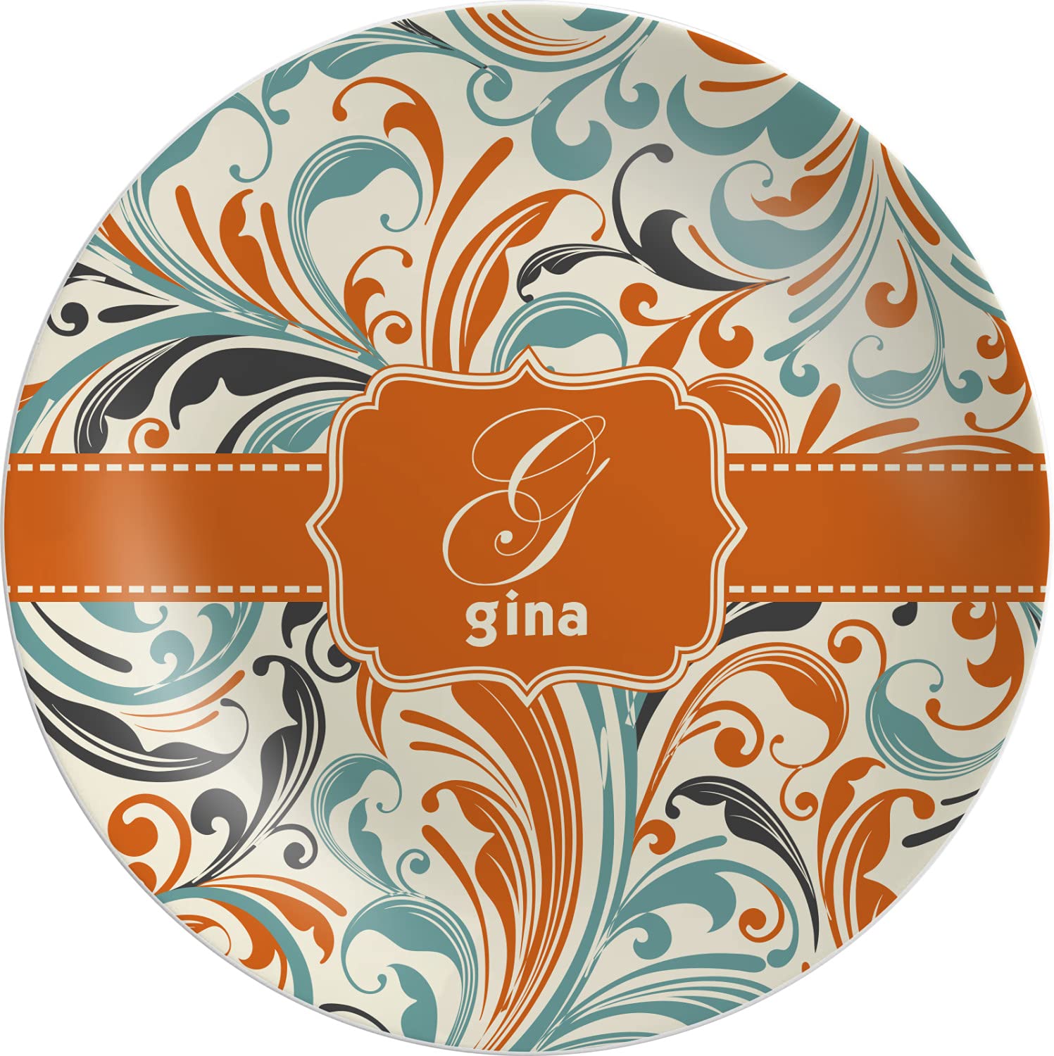 Personalized Orange & Blue Leafy Swirls Melamine Salad Plate - 8
