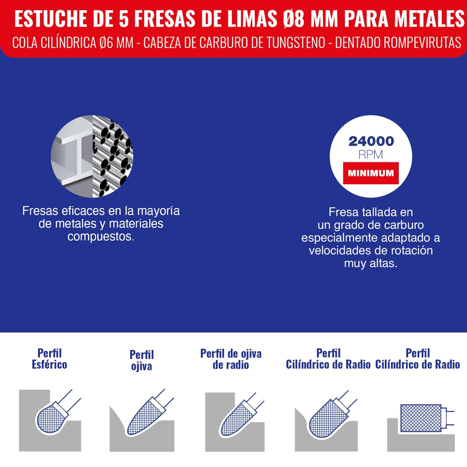TIVOLY - Caja de 5 Fresas de Limas para Metales Ø8 mm - Vástago Cilíndrico Ø6 mm - Cabeza de Carburo de Tungsteno - Dentado Rompevirutas