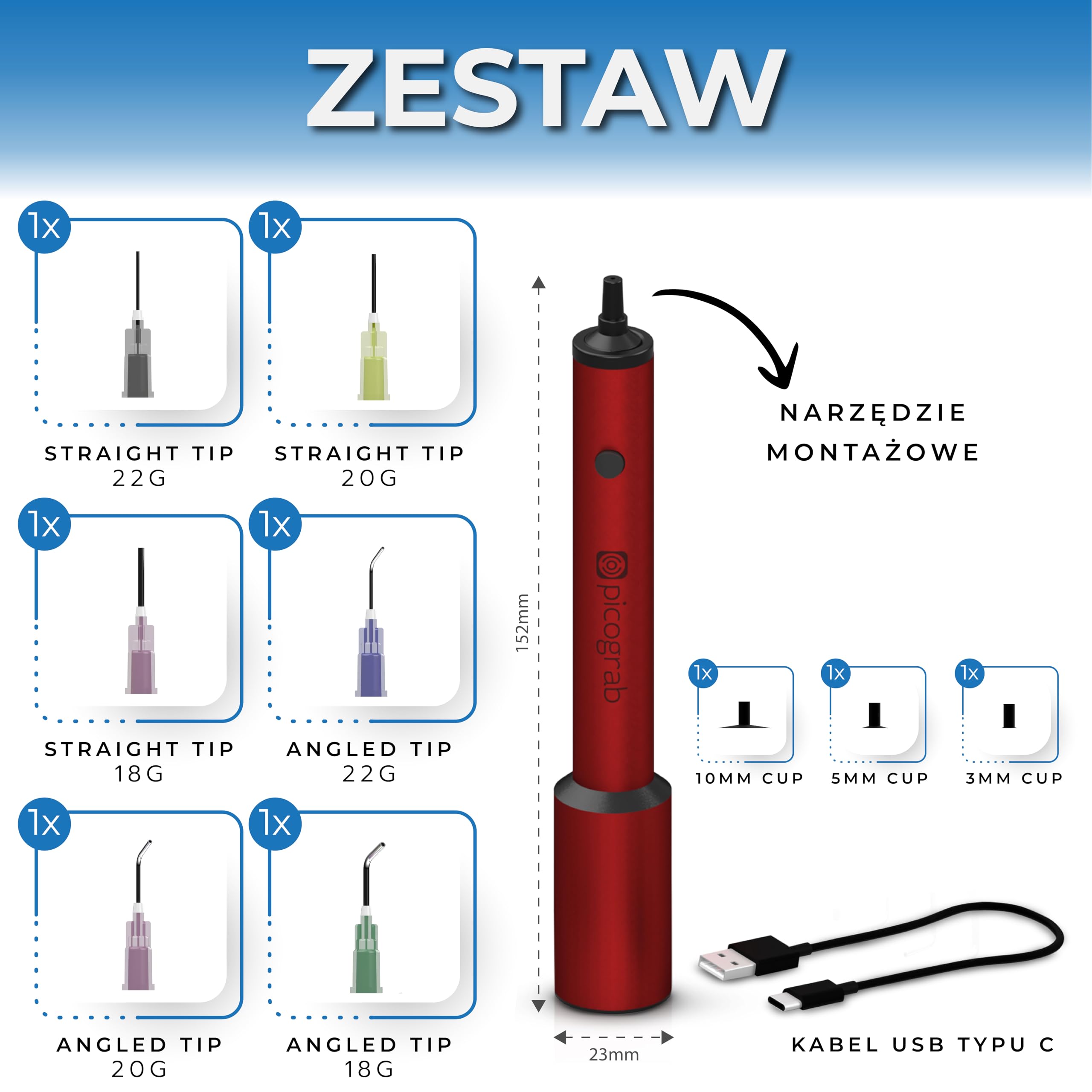 Ładowalny długopis próżniowy ESD do umieszczania komponentów IC i naprawy chipów SMD, z 3 przyssawkami, 6 wymiennymi dyszami, aluminiową obudową, portem USB-C i czasem pracy baterii do 10 godzin.
