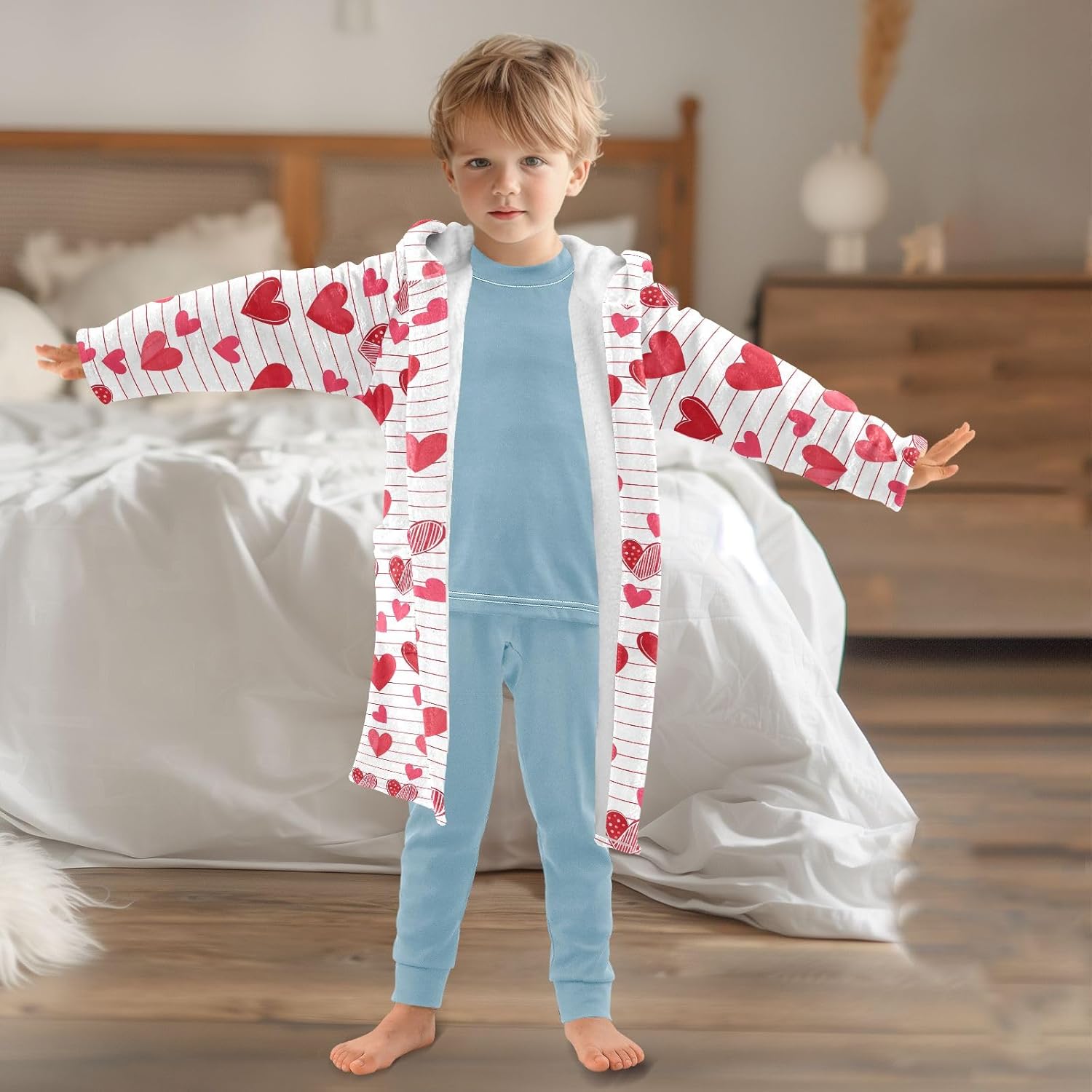 Cute Cartoon Red Heart Toddler Hooded Bathrobe for Boys Girls Soft Plush Bath Towel Robe 2-12 Years