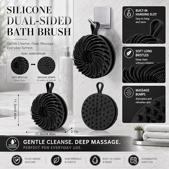 2 Pcs Silicone Scrubber Body(with Hook) Silicone Body Brush丨Silicone Shower Brush,Body Silicone Brush for Men Women Kids Easy to Hold and Hang,Easy to Clean and Durable