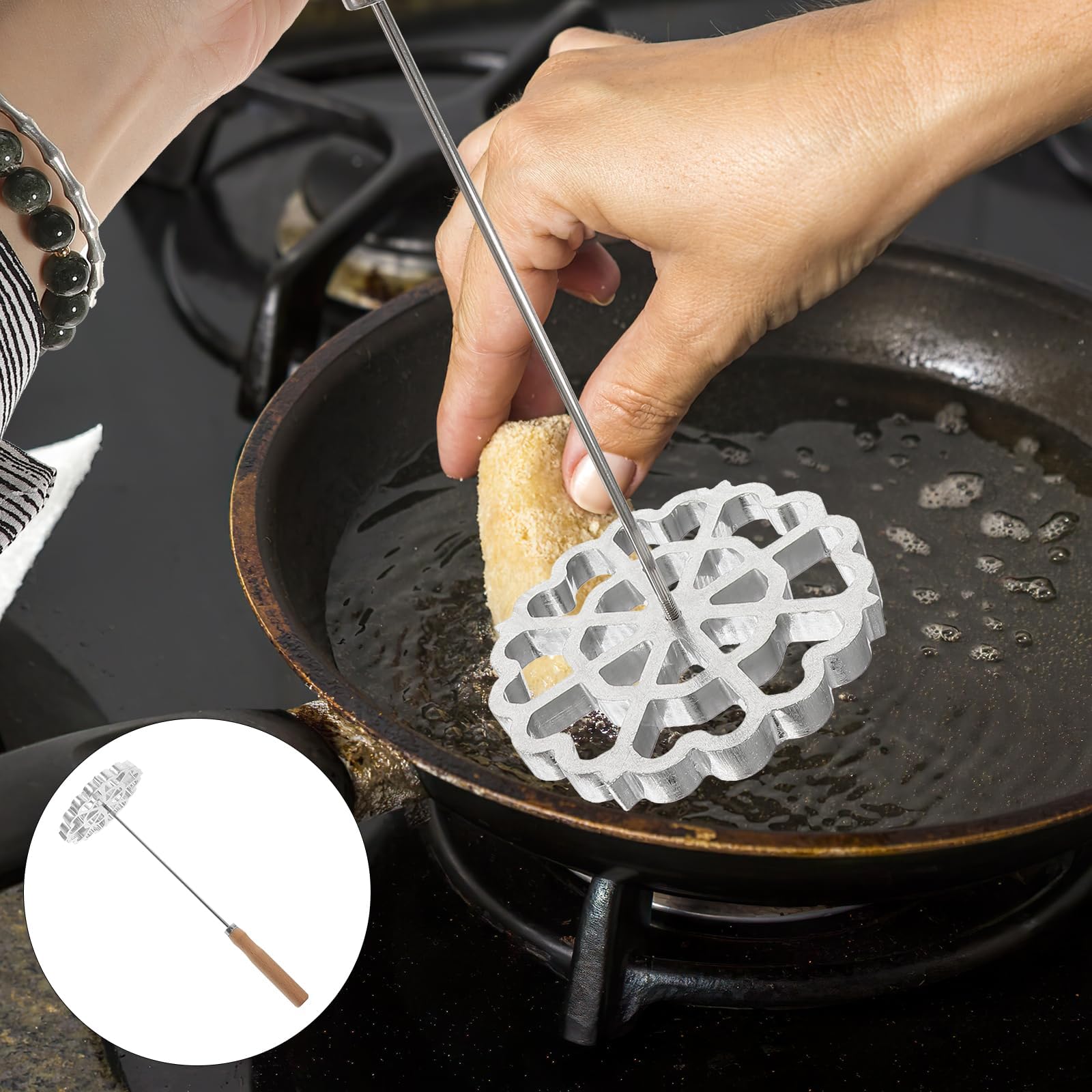 Rosettenwaffeleisen Aus Holz & Edelstahl - Traditionelles Backeisen Ohne Strom