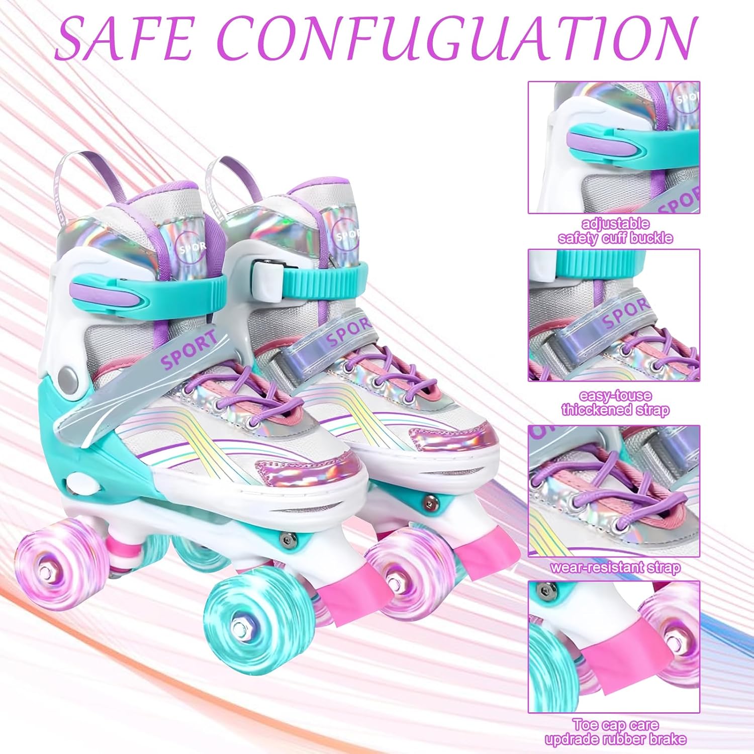 Adjustable Roller Skates for Boys Girls Ages 3-12, All 8 Wheels of Roller Skates Light Up with Protective Gear Set Gift for Youth Kids Indoor & Outdoor Beginners