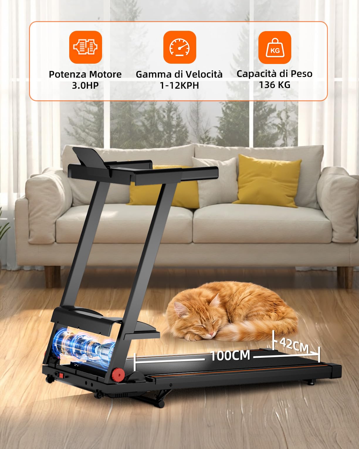 Superun Tapis Roulant Pieghevole, Motore 3,0 CV, Inclinazione 5%, Velocità 12 km/h, Area Corsa 100×42 cm, Portata 136 kg, Controllo APP, Programmi HIIT e MIIT per Uso Domestico