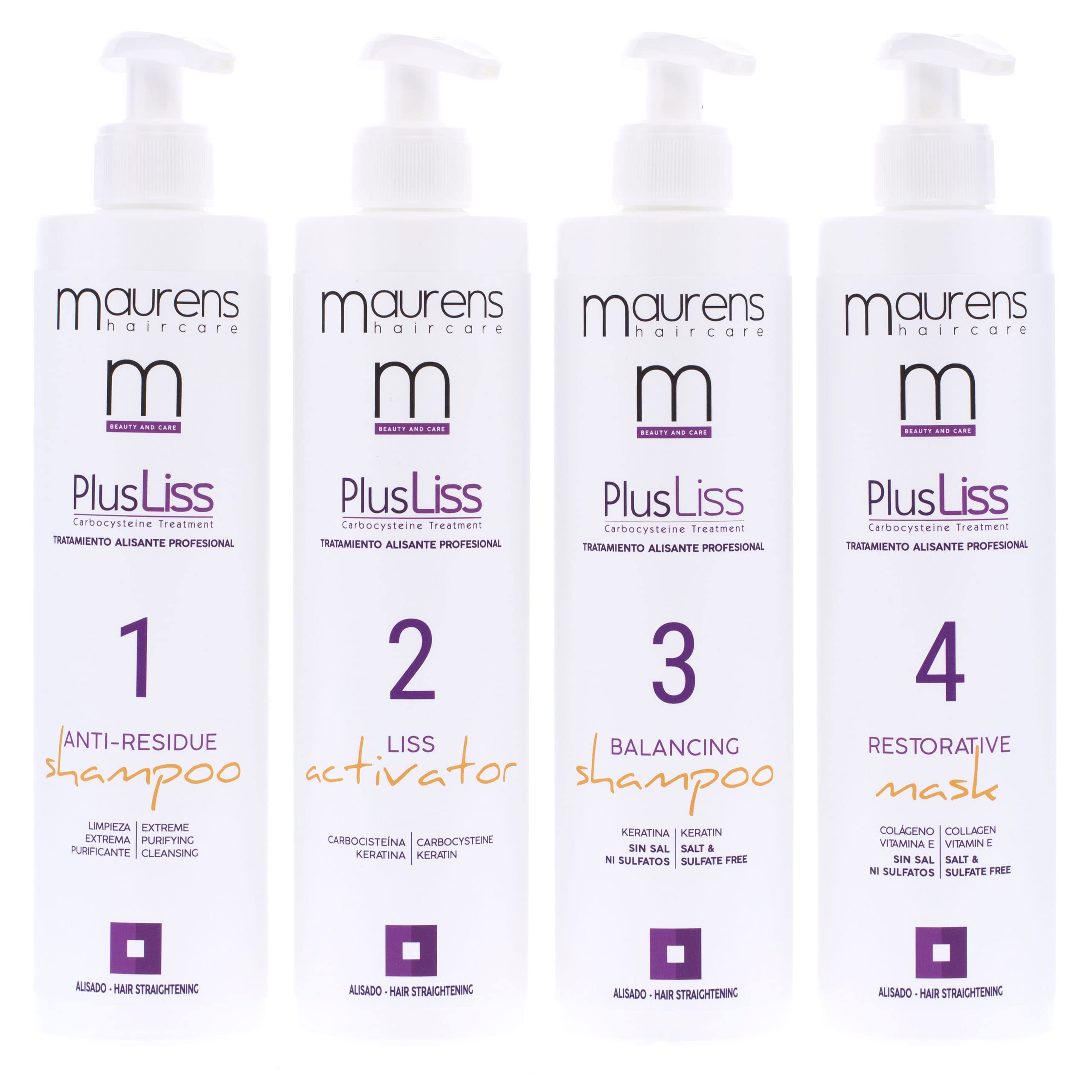 Maurens PlusLiss Alisado Brasileño del Cabello, Tratamiento Capilar a base de Keratina y Carbocysteina, alisado natural y duradero, controla el volumen, Kit Profesional, 4 x 500 ml