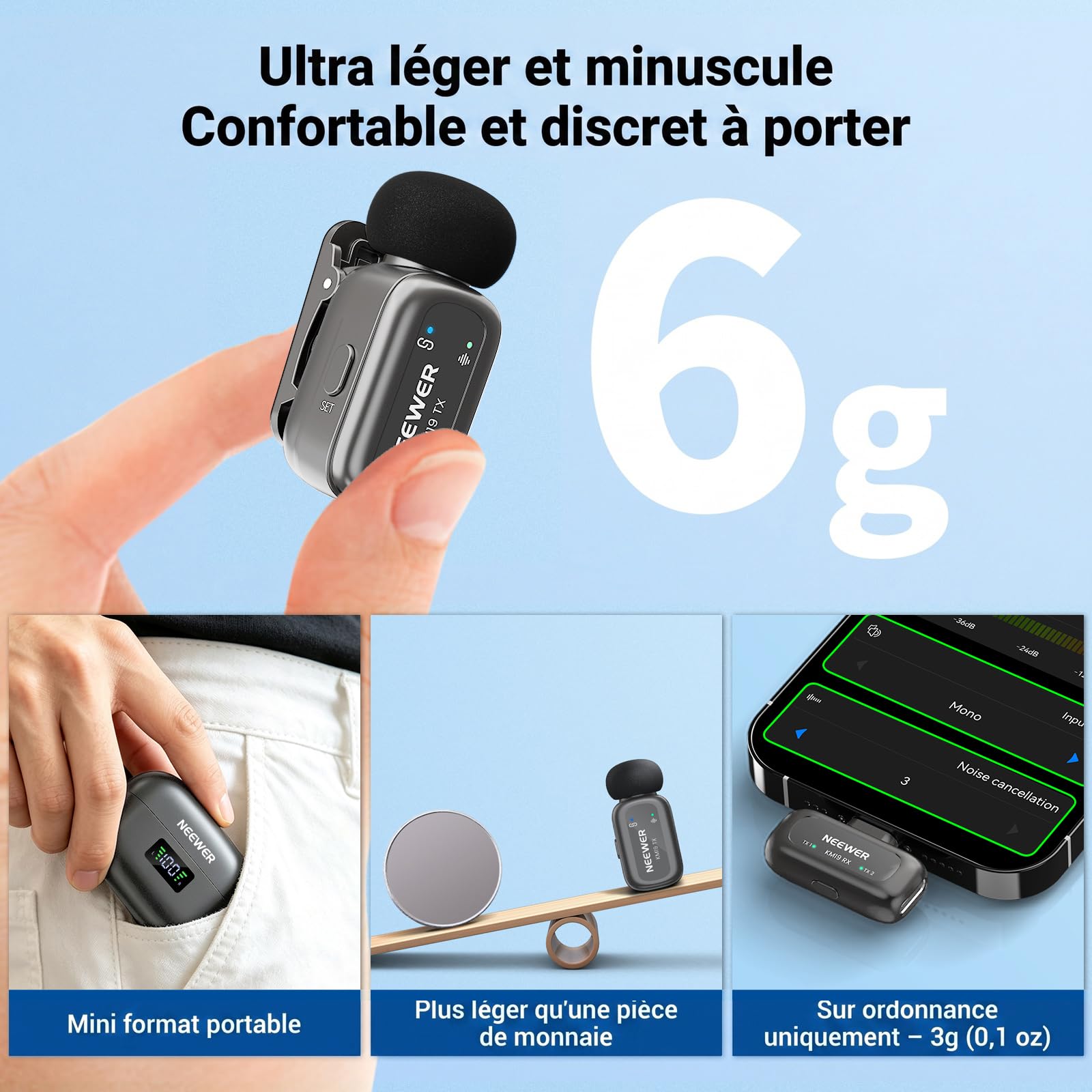 NEEWER KM19 Micro Cravate Compatible avec iPhone 18 Pro/Pro Max 17 16,Gris