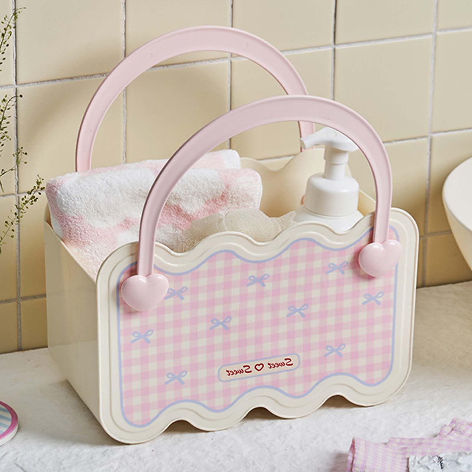 Dodatota Heart Bow Shower Caddy Cute Mesh Bathroom Organizer with Sweet Pattern Drainage Compact for Home Travel Pink