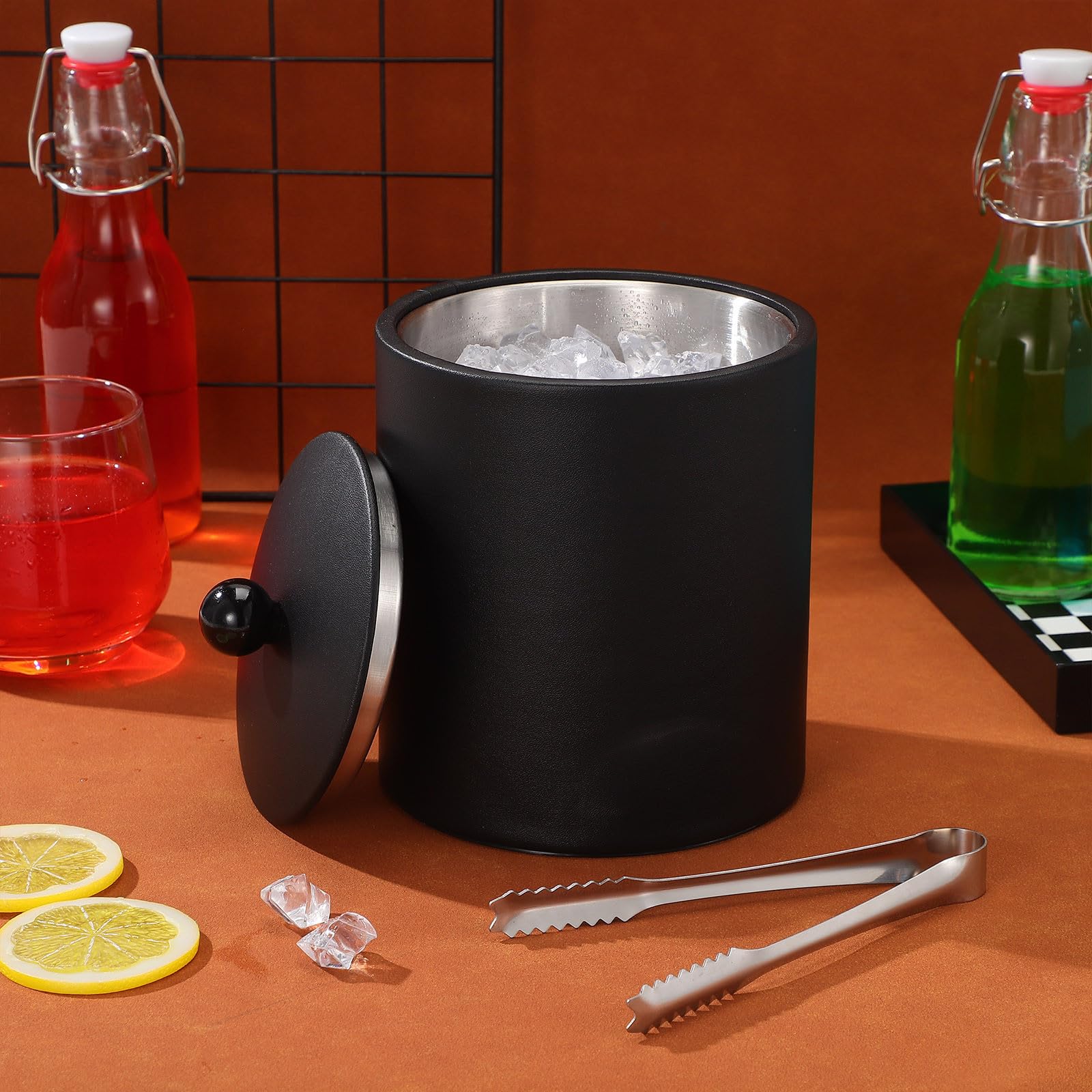 1pieza Cubitera de Acero Inoxidable Reforzado para Hielo y Enfriamiento de Botellas con Pinzas para Vino Cerveza y Cocktails Negro