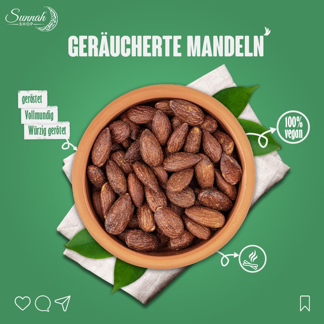 Almendras ahumadas Sunnah Shop® 1KG BBQ asadas, ahumadas y saladas | Almendras crujientes con un abundante aroma ahumado | proteína vegana | Almendras ahumadas Almendra tostada y salada