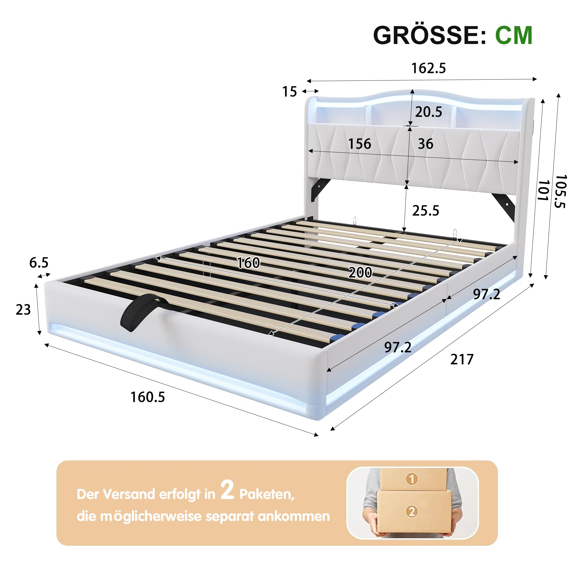 Cama de Matrimonio 160x200 Almacenaje Hidráulica Cabecero USB y LED RGB | Estructura cama tapizada terciopelo,Somier de lamas incluido,Cabecera con almacenaje,Luces LED Regulable,Sin Colchón.