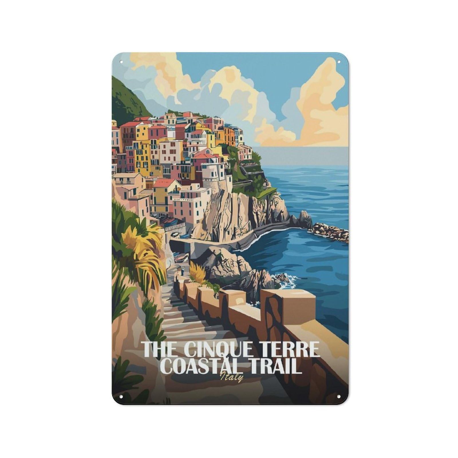 Junmoney Style-11 Cinque Terre Coastal Trail Italy Artwork Retro Metal Wall Decor 30X20cm, Vintage Tin Sign For Coffee Bar, Kitchen, Bistro Or Tea Corner