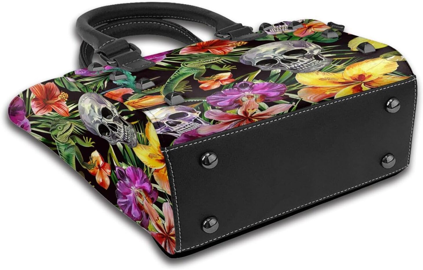 Leather Shoulder Bag for Women, Tropical Leaves Flower Studded Purse Skull Floral Crossbody Handbags Punk Hobo Bag with Adjustable Strap