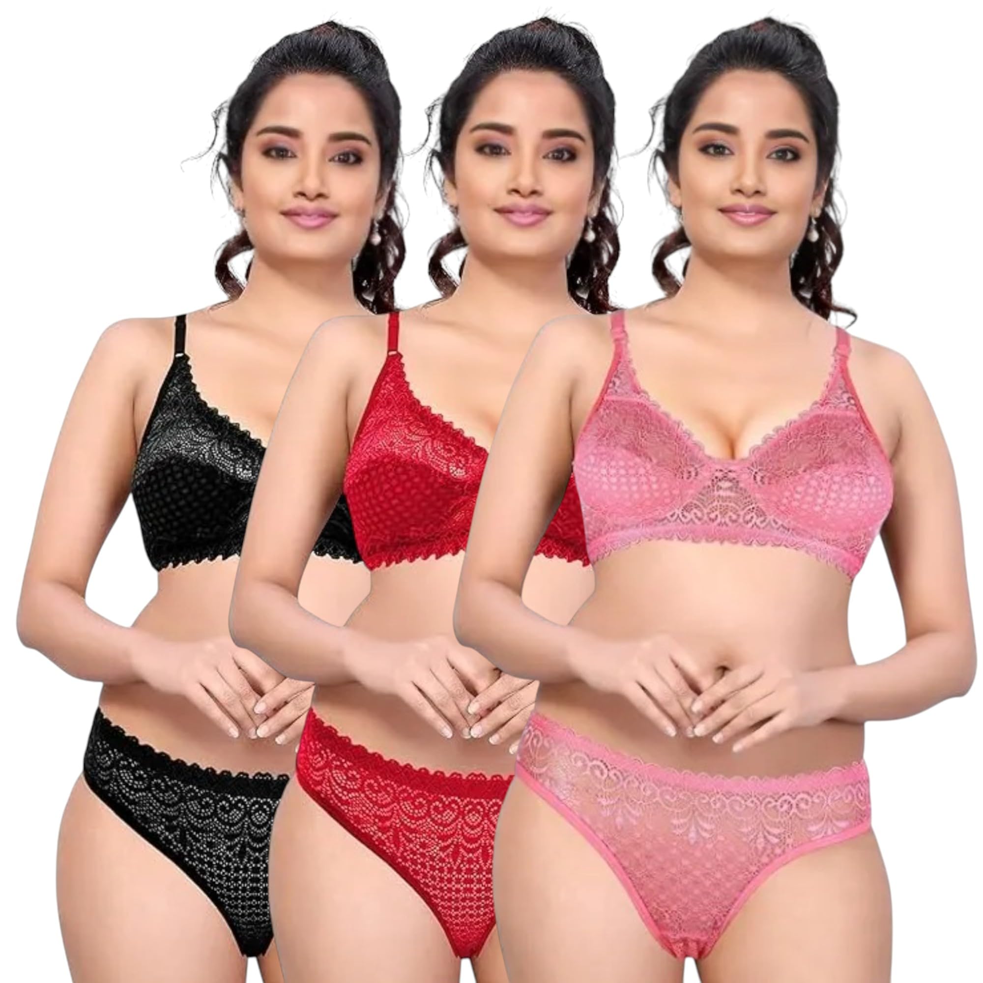 Soft Lace Non Padded Lingerie Set | Pack of 3 Women Wire-Free Comfort-image-12