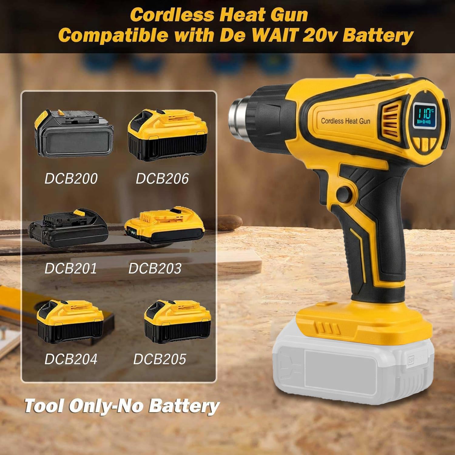 Kabellose Heißluftpistole, 350 W, kompatibel mit Dewalt 20 V Akku, einstellbare Temperatur 48,9 °C – 598,9 °C, LED-Licht, tragbare Heißluftpistole, LCD-Digitalanzeige und 4 Düsen für Schrumpfschläuche
