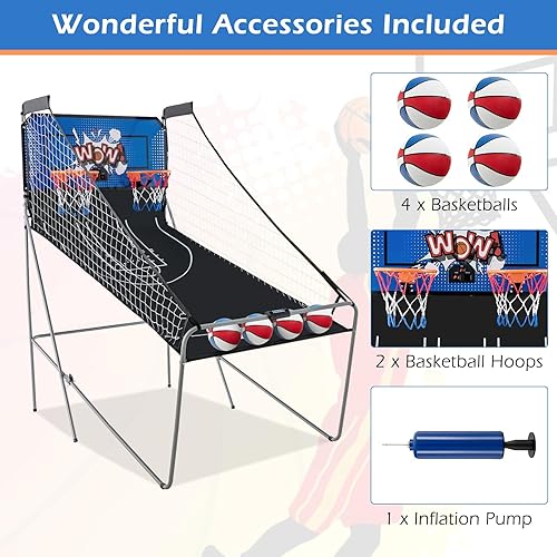 Vista 23 de Goplus Juego de arcada de baloncesto plegable de doble tiro, juego de aro de baloncesto con puntuación electrónica, 8 modos de juego, 4 bolas, Negro