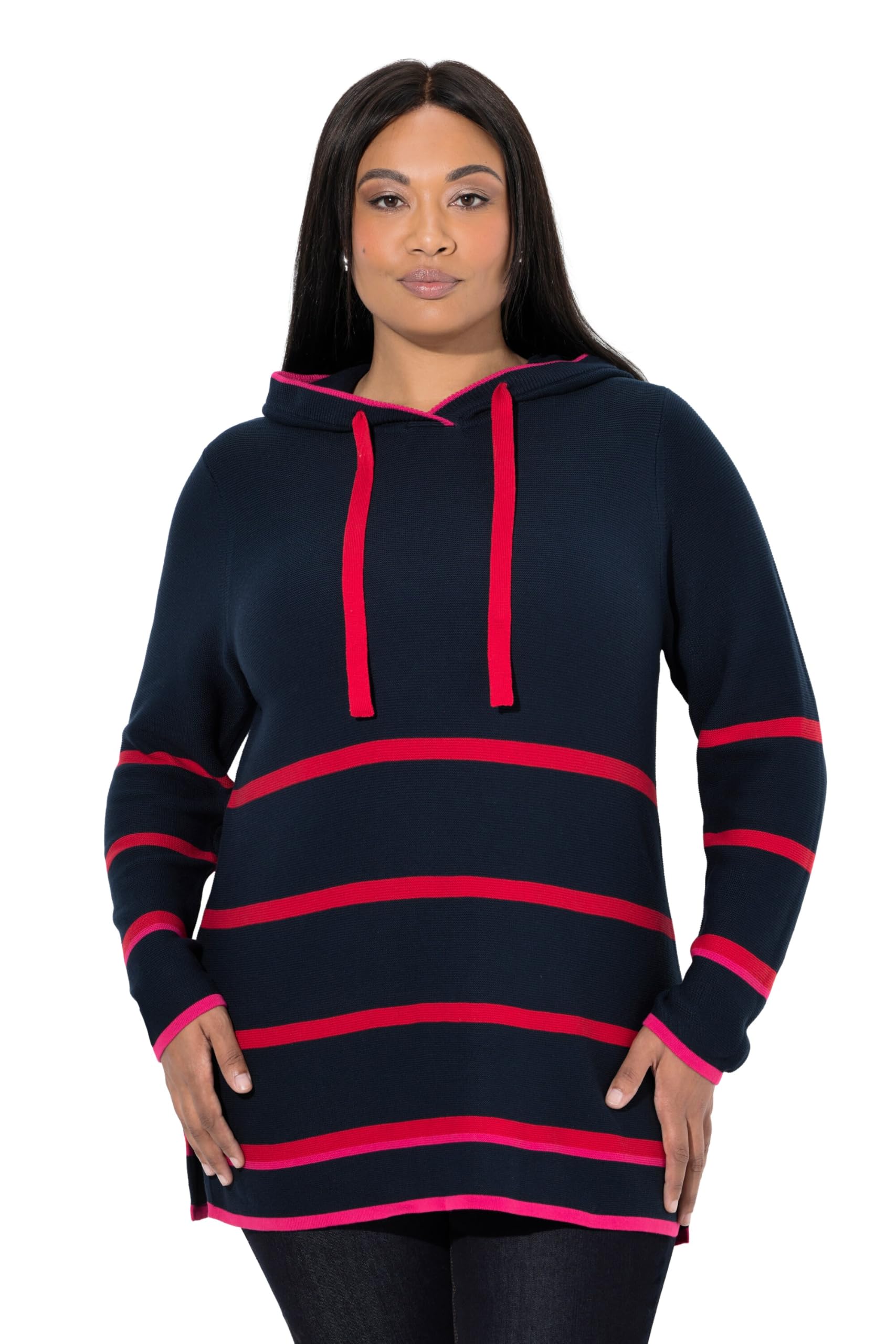 Ulla Popken Damen große Größen Übergrößen Plus Size Pullover, Ringel, Farbakzente, Kapuze, Langarm 834427