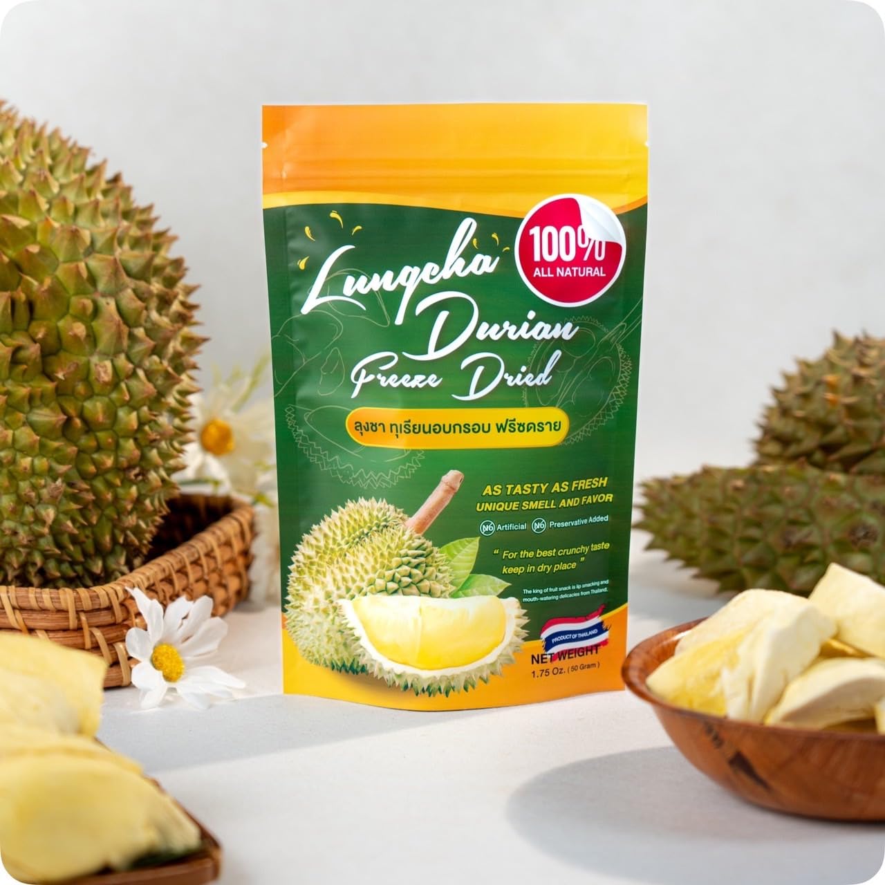 LUNGCHA Freeze Dried Durian Pure Premium King of Thai fruit, Real Fruit Snack, Natural, no sugar and no presevative added 1.75 Oz./Bag (3)