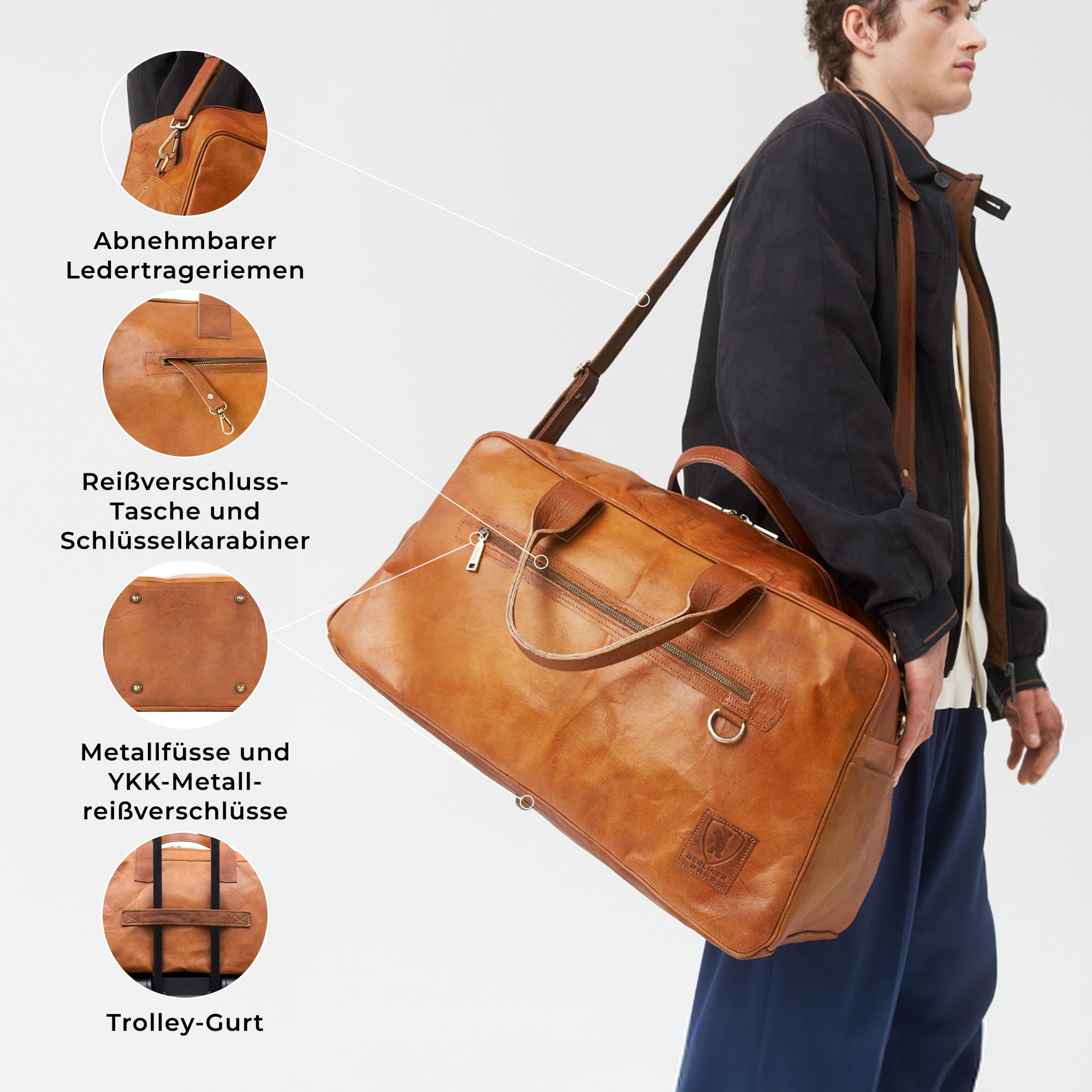 Berliner Bags Vintage Weekender Austin XL mit Schuhfach aus Leder, Reisetasche für Damen und Herren - Braun