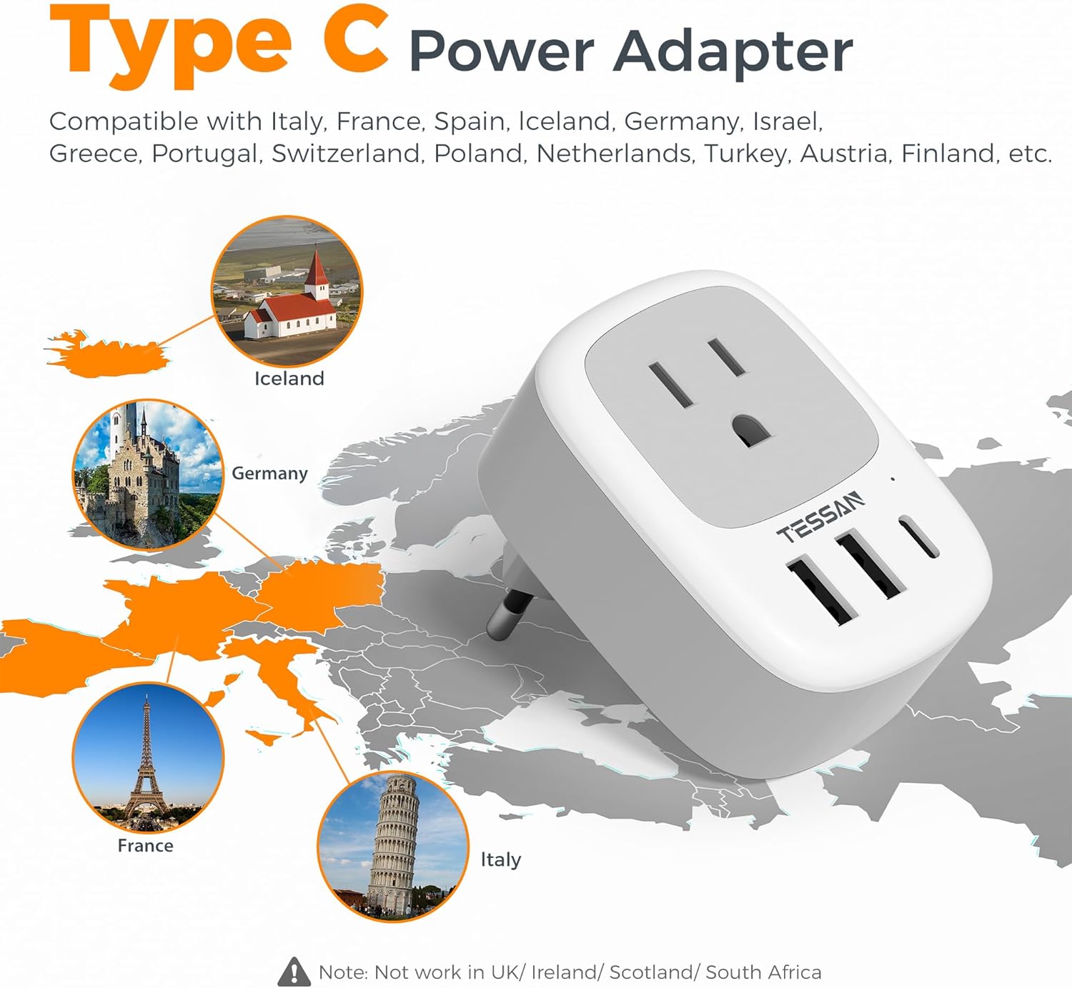 2 pack european travel plug adapter, tessan us to europe plug adapter with 3 usb ports (1 usb c), type c power outlet for eu international italy iceland spain france germany white grey - type c