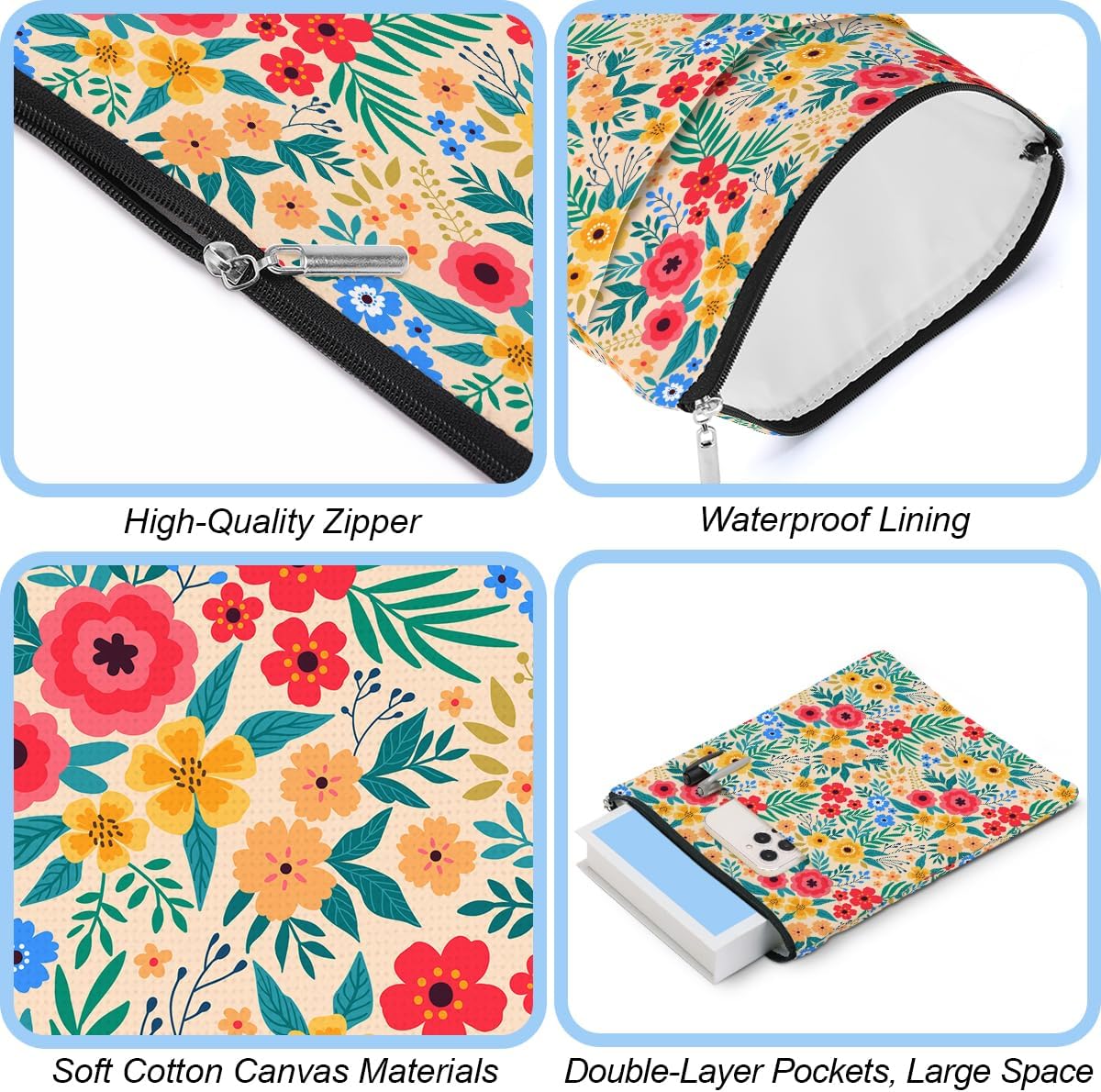 jeilink Book Sleeve Book Protector Book Pouch Book Lovers Gifts Bookish Gifts Book Cover with Zipper for Hardcover Paperback Washable Wildfloral Printed Gift Bag for Women Female Birthday, BookCover image 2