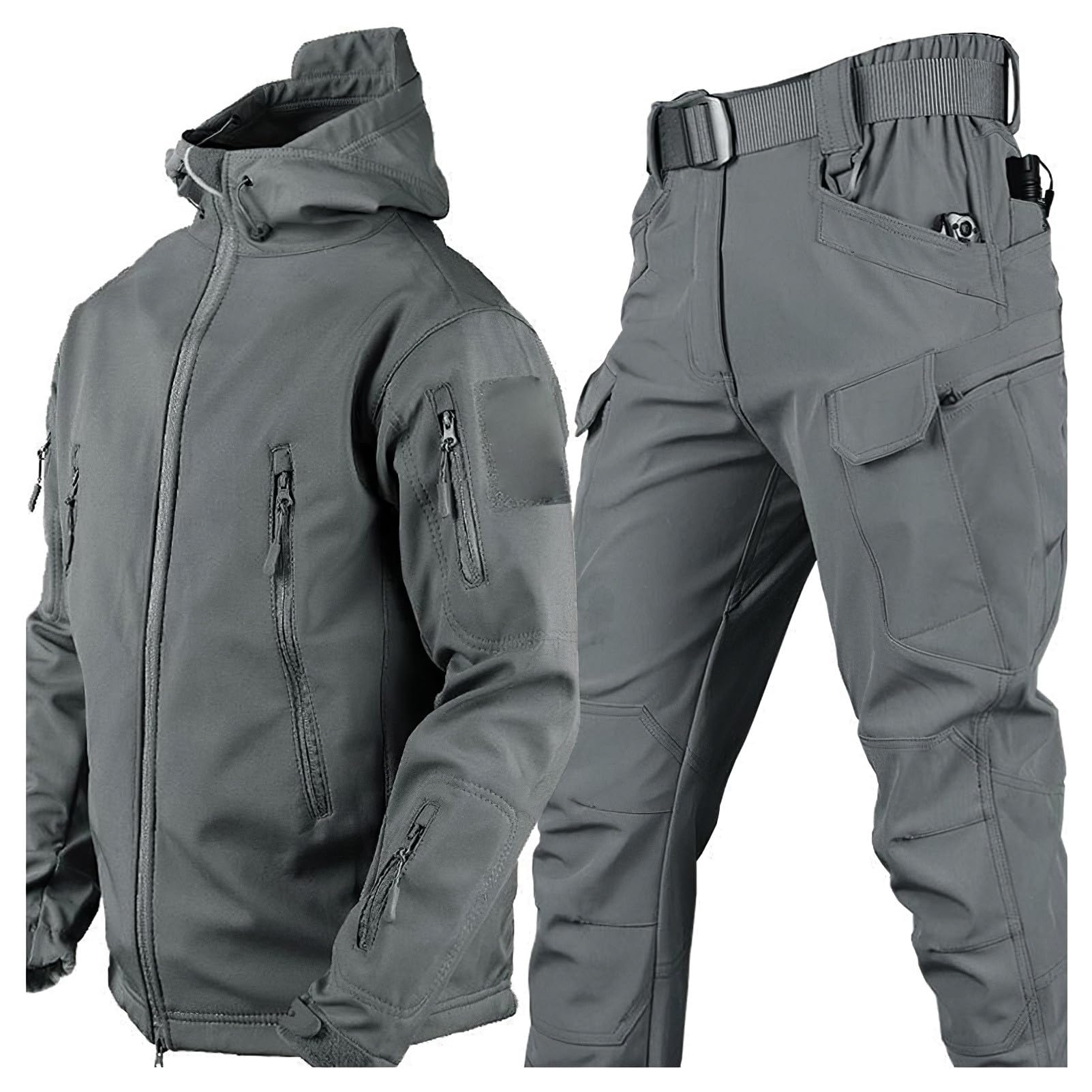Giacca Tattica Softshell con Cappuccio e Pantaloni da Uomo per Pesca All'aperto Escursionismo Camping