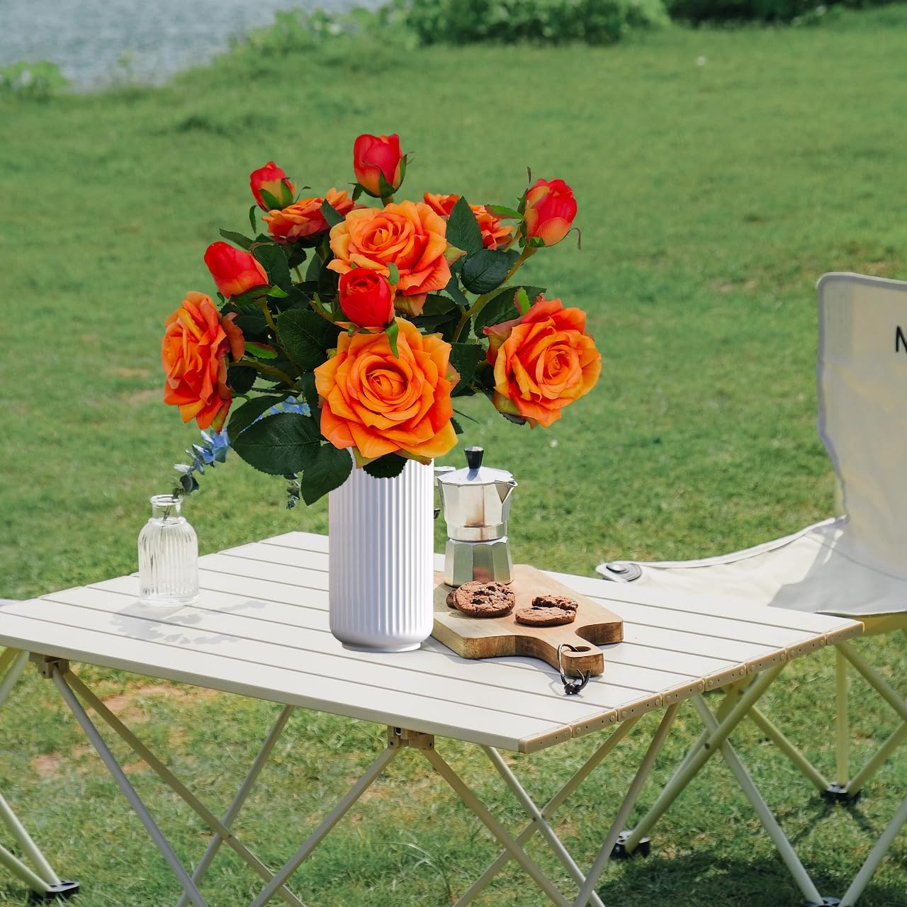 ATFL Fake Sunset Red Flowers, 6 Pcs Faux Silk Real Touch Moisturizing Artificial Rose Flowers for Wedding Decor,Flores Irosas Artificiales para Decoracion(6, Orange) - Image 6