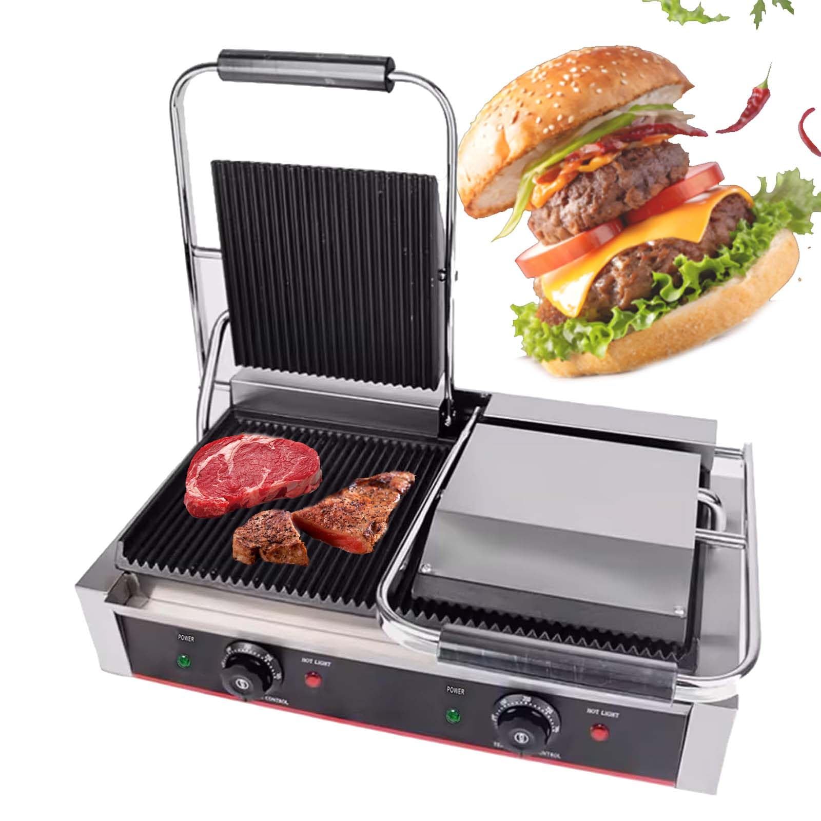Kontakt Do Komercyjnych Elektrycznych Opiekaczy Do Panini Grill, Blatowy Opiekacz Do Kanapek, SkłAdany Do 180°, PowłOka NieprzywierająCa, Tacka Ociekowa, Z Uchwytem Cool Touch,19"x9"Grooved