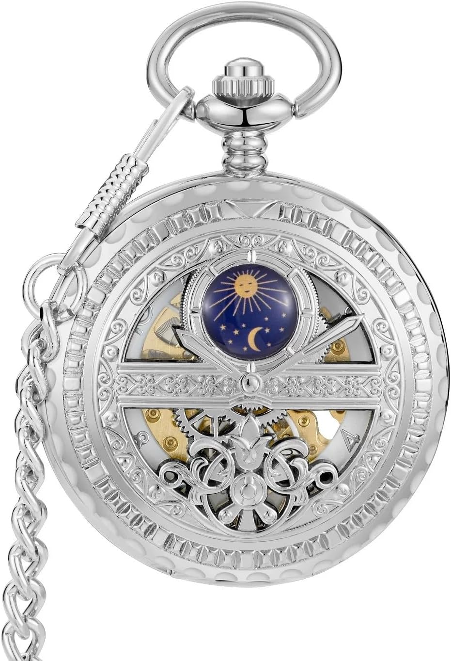 Men's Mechanical Pocket Watch with Roman Numeral dial and Day-Night Skeleton Design, Comes with a Box and Chain, Suitable for Both Men and Women, Available in Black, Gold, and Silver