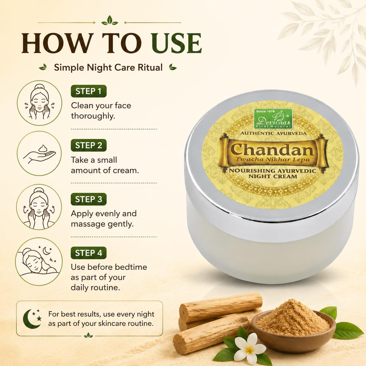 DEVICAAS Chandan Twacha Nikhar Lepa Nourishing Ayurvedic Night Cream for Daily Skin Care | Sandalwood Herbal Formula | Moisturizing Overnight Cream for Soft Smooth Skin | Suitable for Men & Women | 50g 1