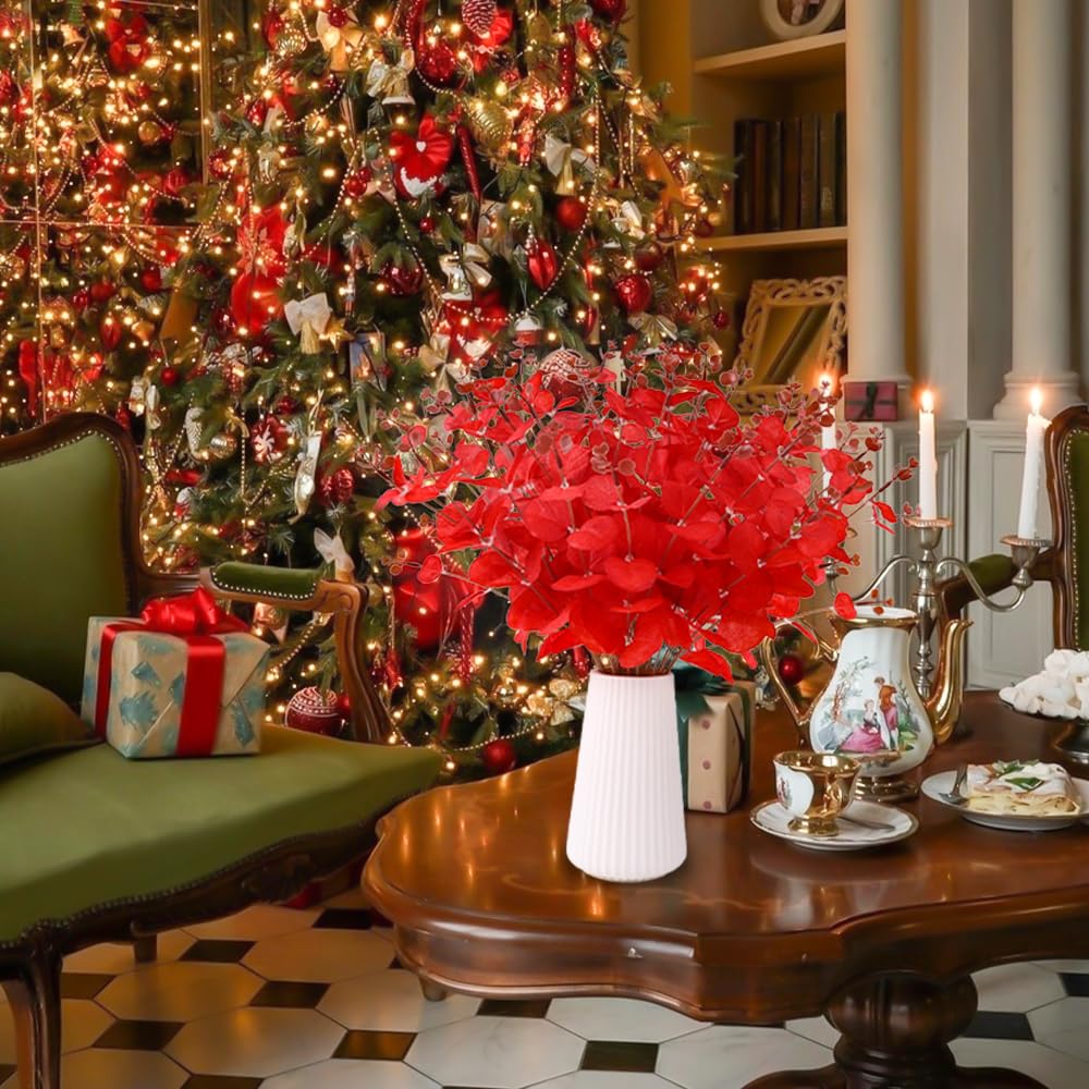 DIYDEC Künstliche Weihnachtsblumen, 2 Stile, rote Eukalyptus-Stiele für Tischdekoration, künstliche Eukalyptusblätter, Zweige für Weihnachtsbaum, Zuhause, Party-Dekoration, 18 Stück